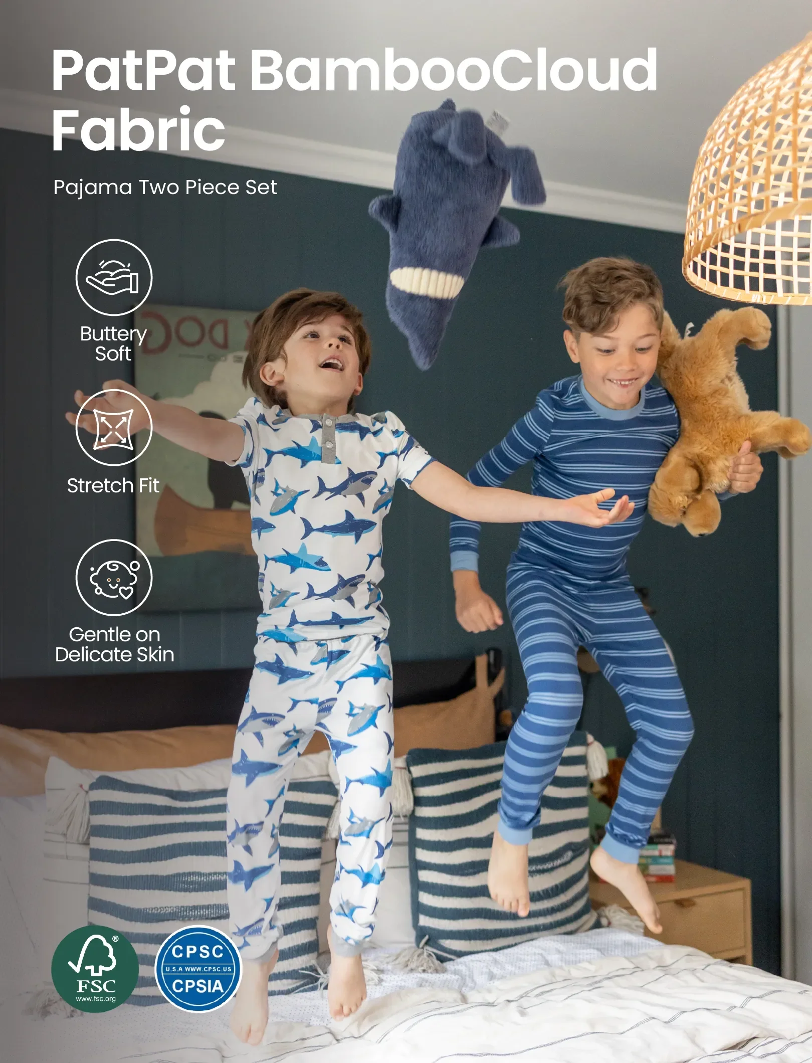 Christmas / Halloween Pajamas 2-piece Bamboo Pajamas Set With Playful Print for Toddler / Kids ( Snug-Fitting) Blue - Image 5