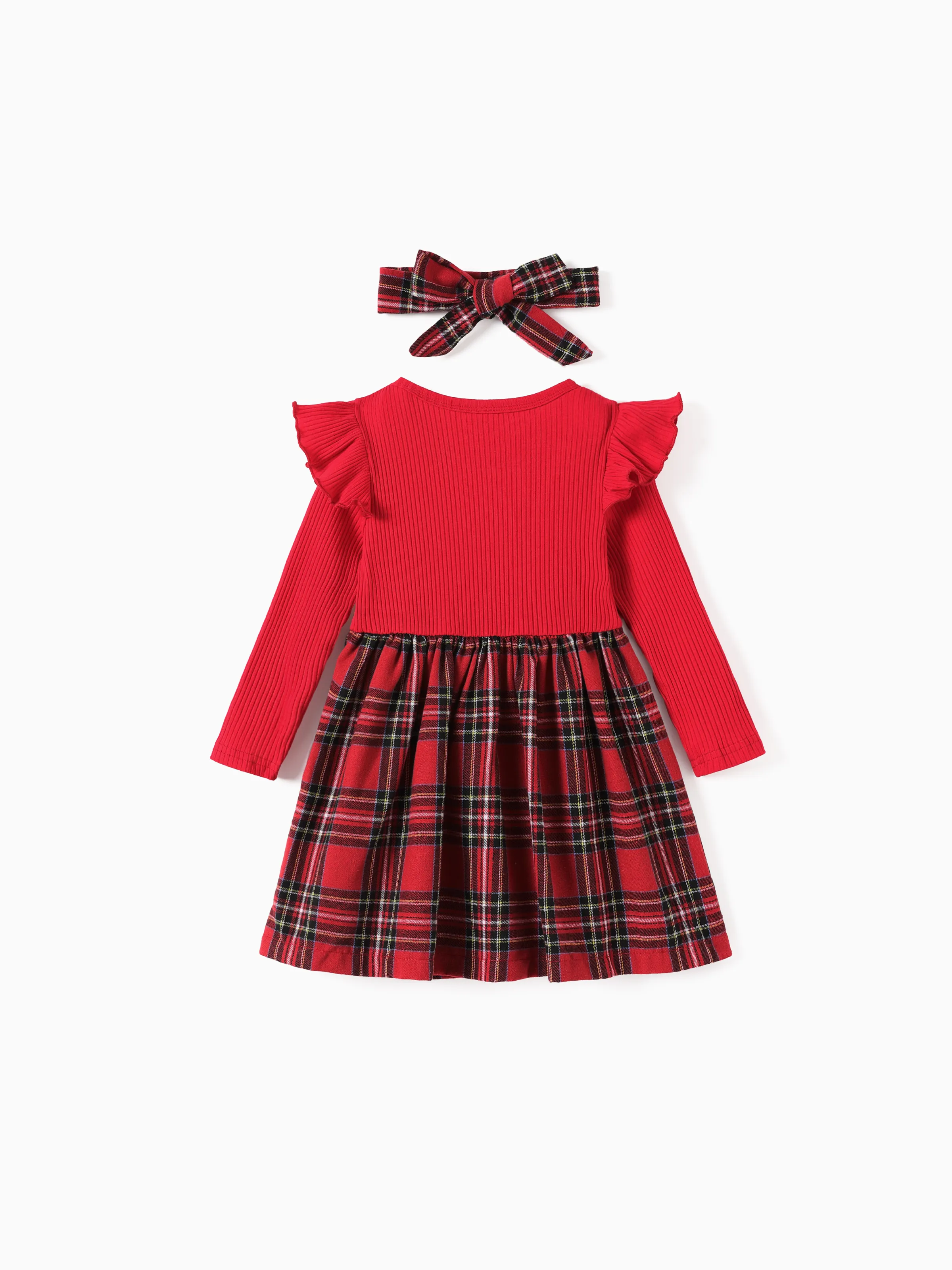 Christmas Toddler Girl Grid Print Ruffled Dress with Headband Red - Image 2