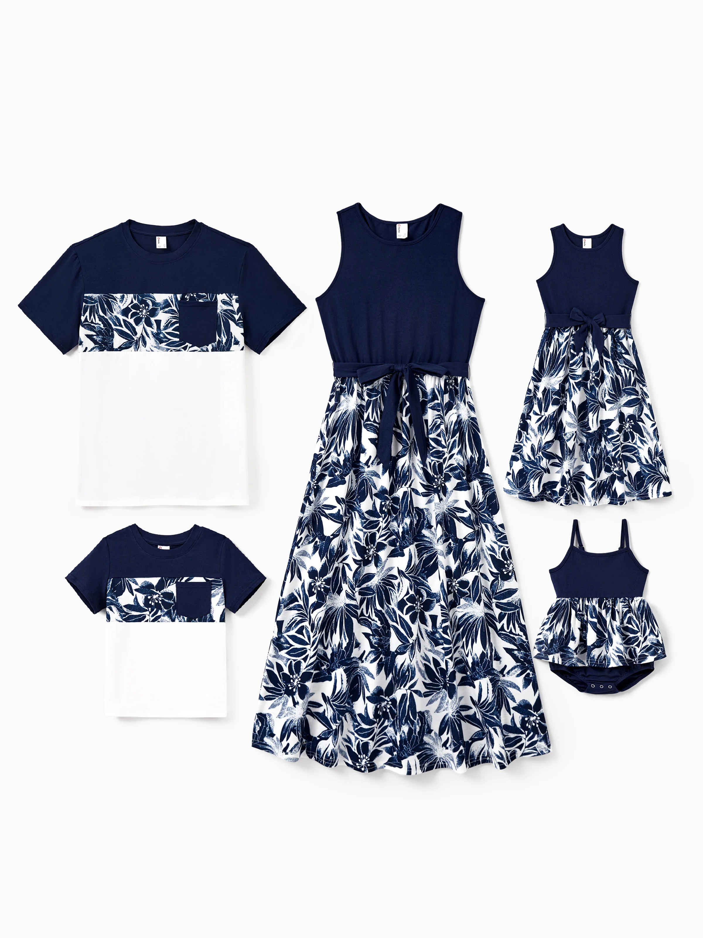 Daddy and Me Family Matching Cotton Tee Flora Print Splicing Shirt or Tank Dress Deep Blue - Image 2