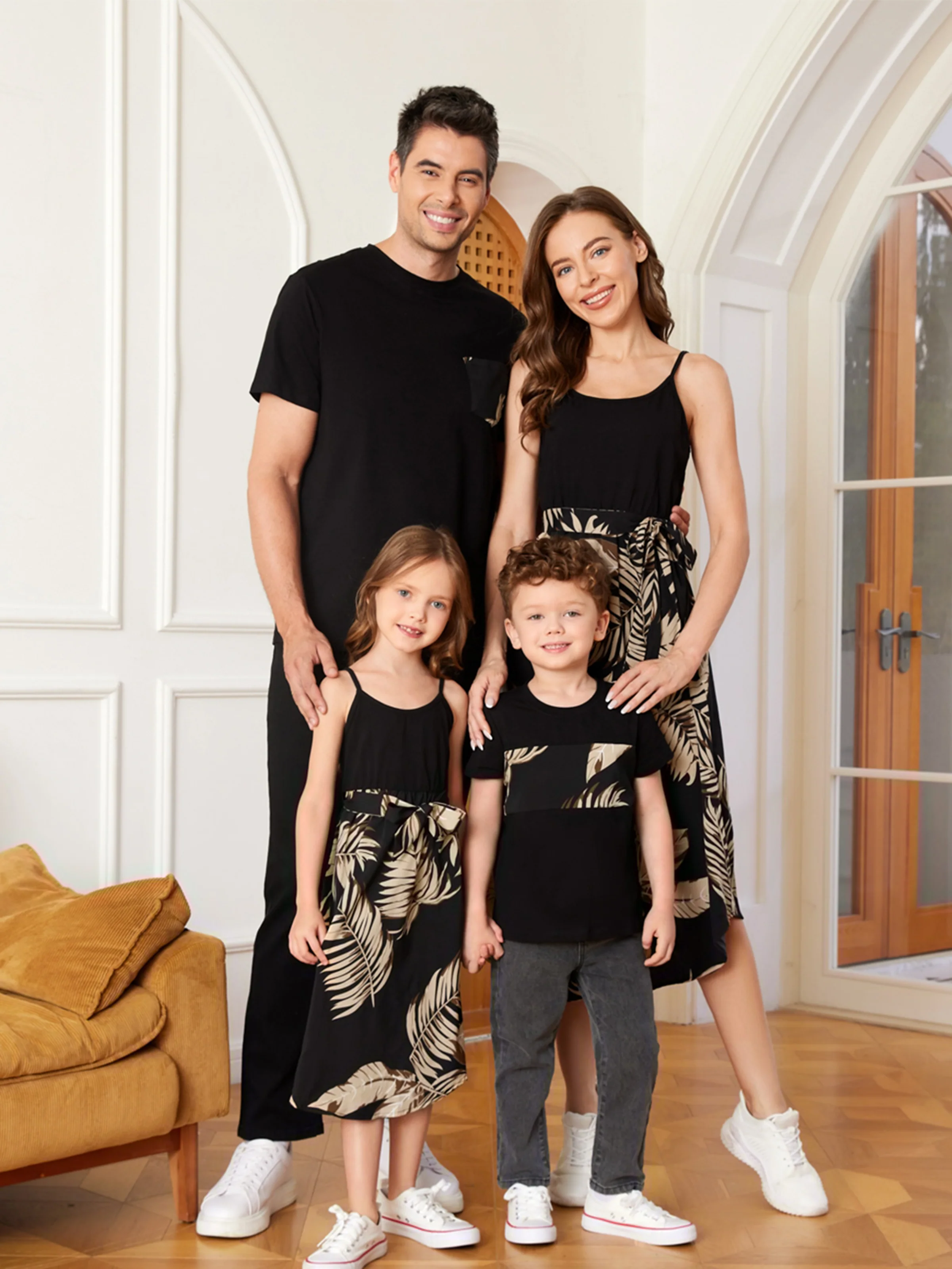 Daddy and Me Family Matching Floral Print Belted Cami Dresses And Solid Short Sleeve Tops Sets Black - Image 2