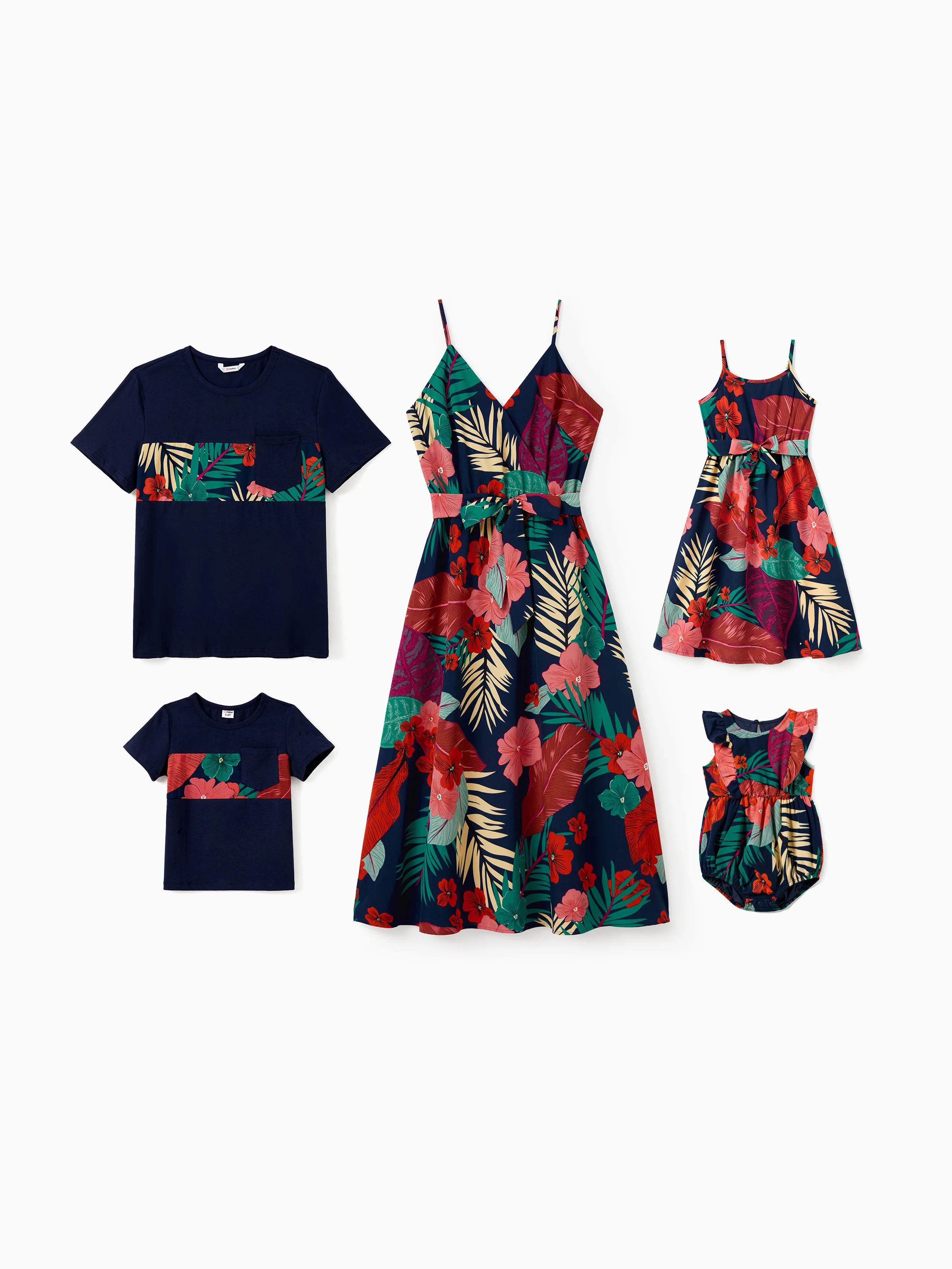 Daddy and Me Family Matching Sets Floral Panel Black tee and V-neck Strap Dress with Hidden Snap  Deep Blue - Image 2