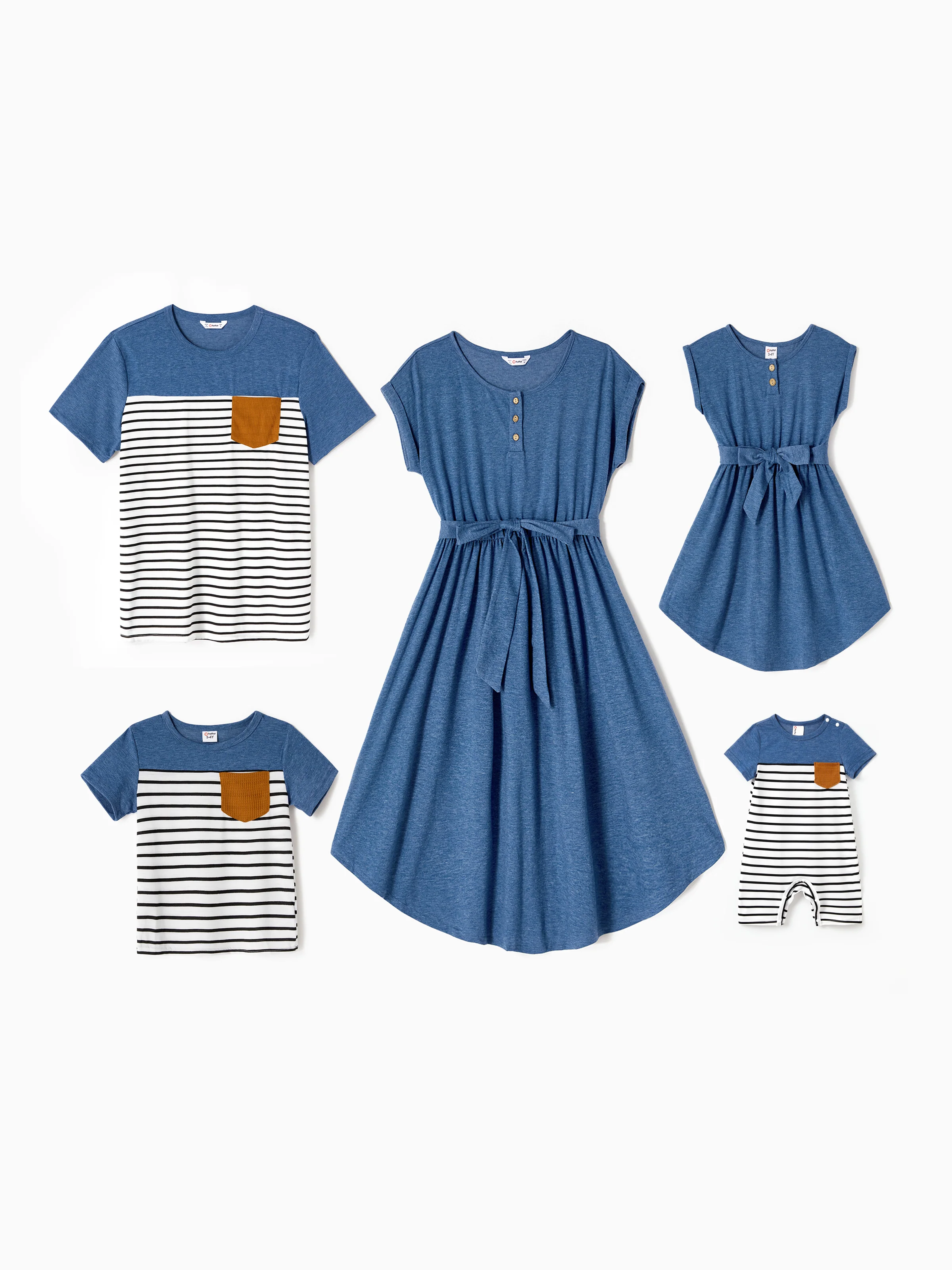 Daddy and Me Family Matching Soft Casual Outfit with Below Knee Dresses, Front Buttons, Belted Design Blue - Image 2