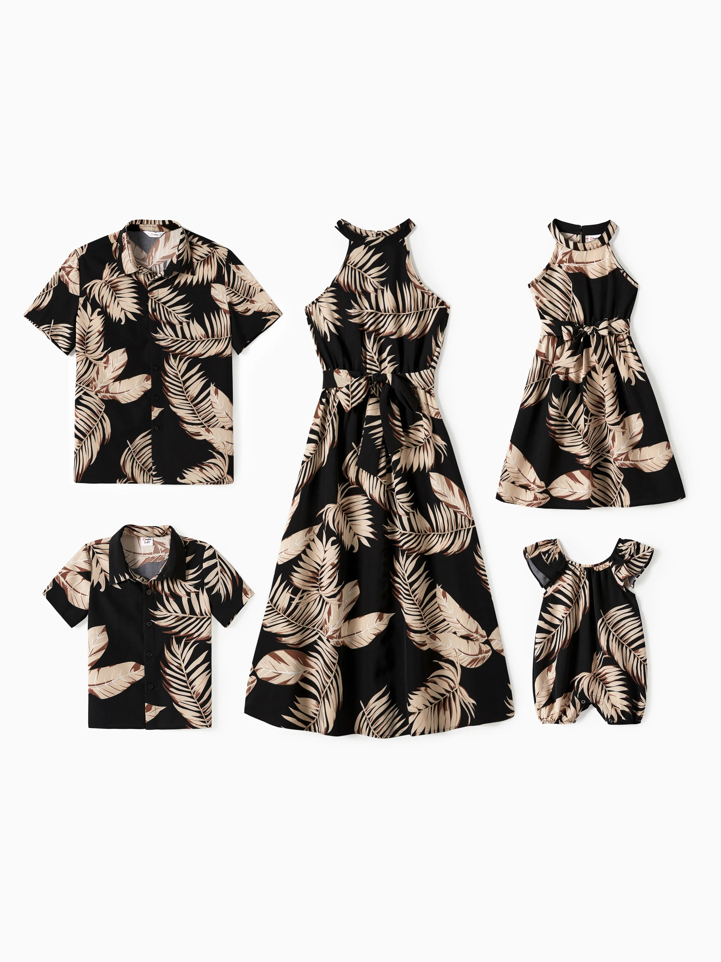 Daddy and Me Family Matching Solid Leaf Sleeveless Halter Dresses And Short Sleeve Tops Sets Black - Image 3