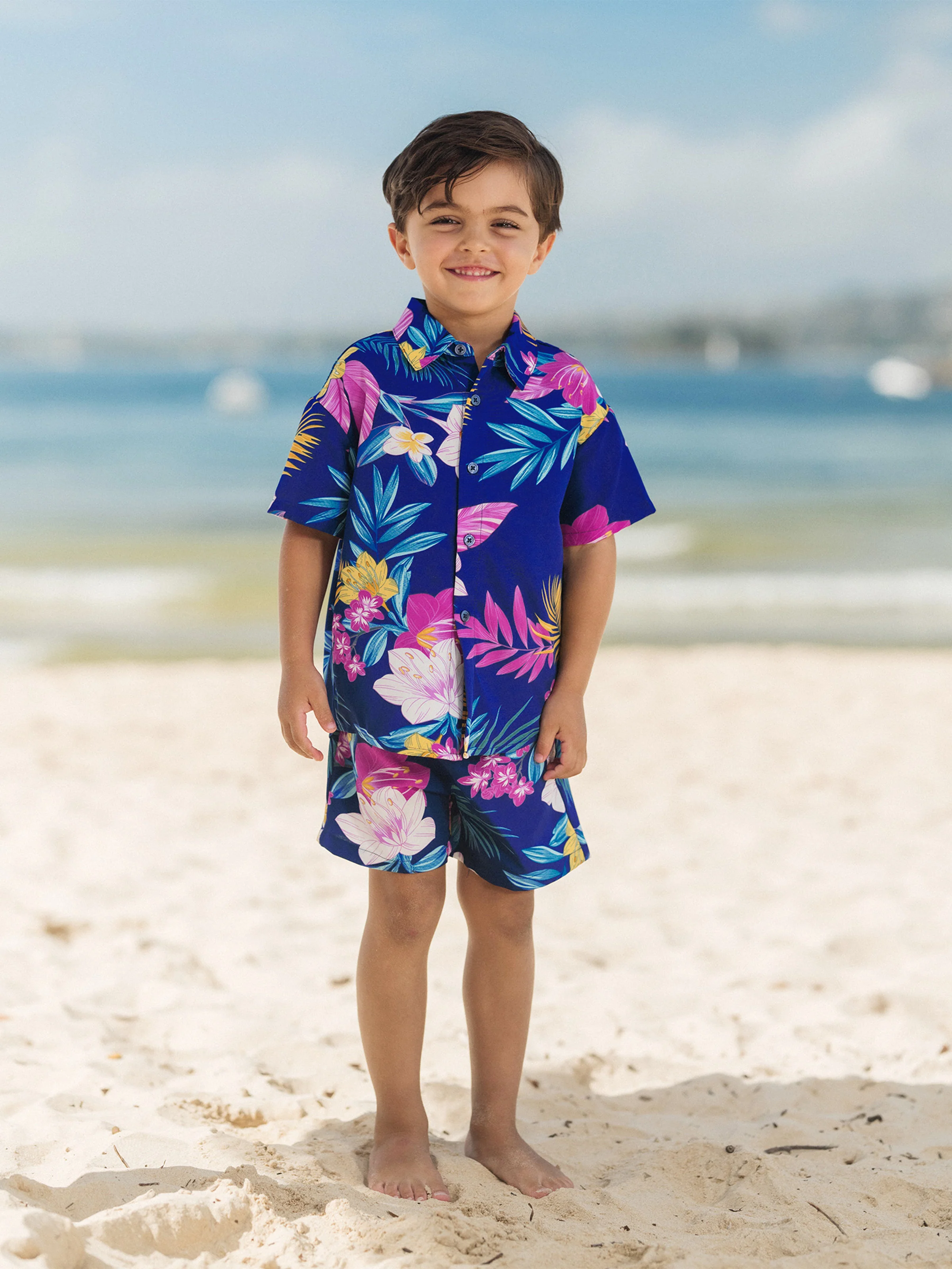 Daddy and Me Matching Family Hawaiian Outfits Tropical Floral Print Strap Dress or Short-sleeve Shirts & Shorts Set Summer Beachwear Set for Vacation  Deep Blue - Image 10
