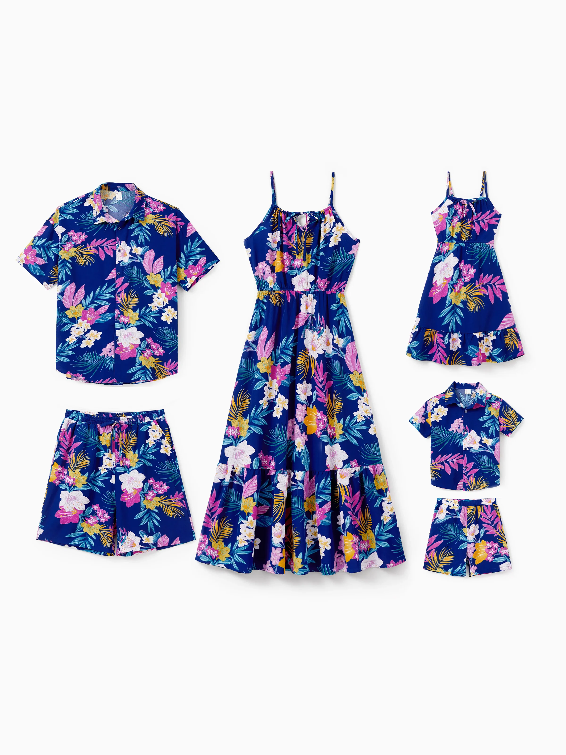 Mommy and Me Matching Family Hawaiian Outfits Tropical Floral Print Strap Dress or Short-sleeve Shirts & Shorts Set Summer Beachwear Set for Vacation  Deep Blue - Image 3
