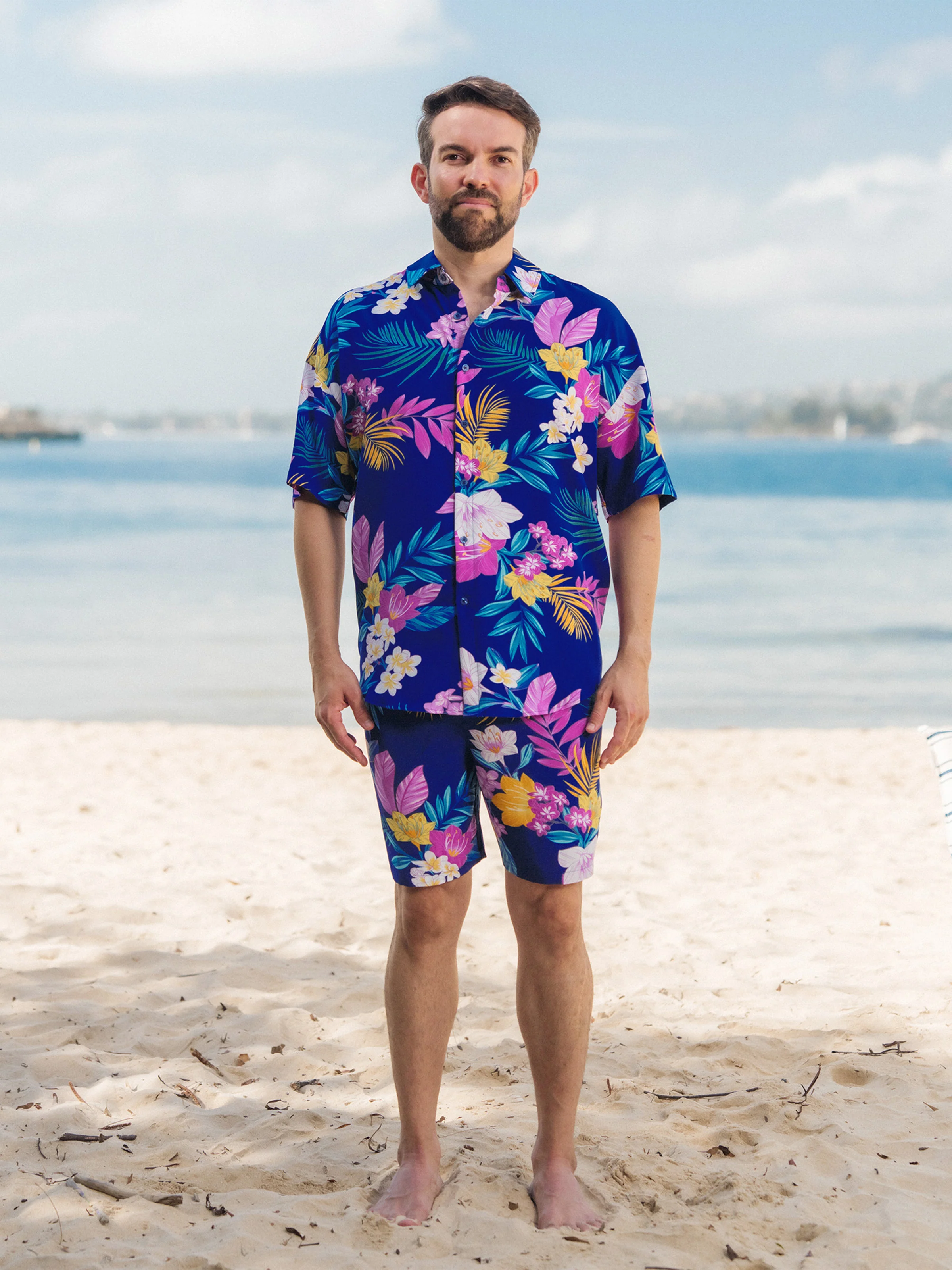 Daddy and Me Matching Family Hawaiian Outfits Tropical Floral Print Strap Dress or Short-sleeve Shirts & Shorts Set Summer Beachwear Set for Vacation  Deep Blue - Image 3