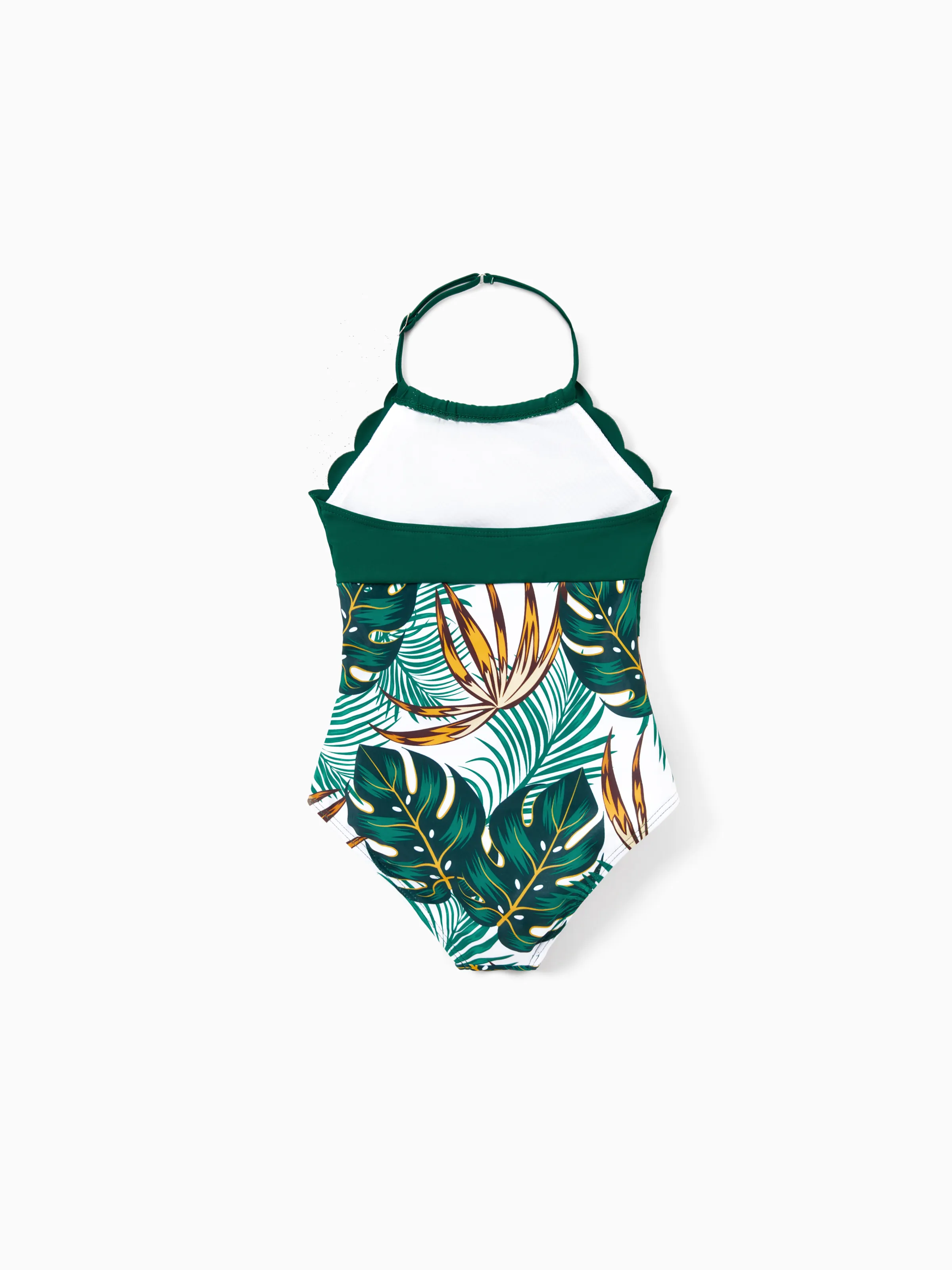 Daddy & Daughter Allover Plants Print Swim Trunks Shorts and Spaghetti Strap Splicing One-Piece Swimsuit Dark Green - Image 11