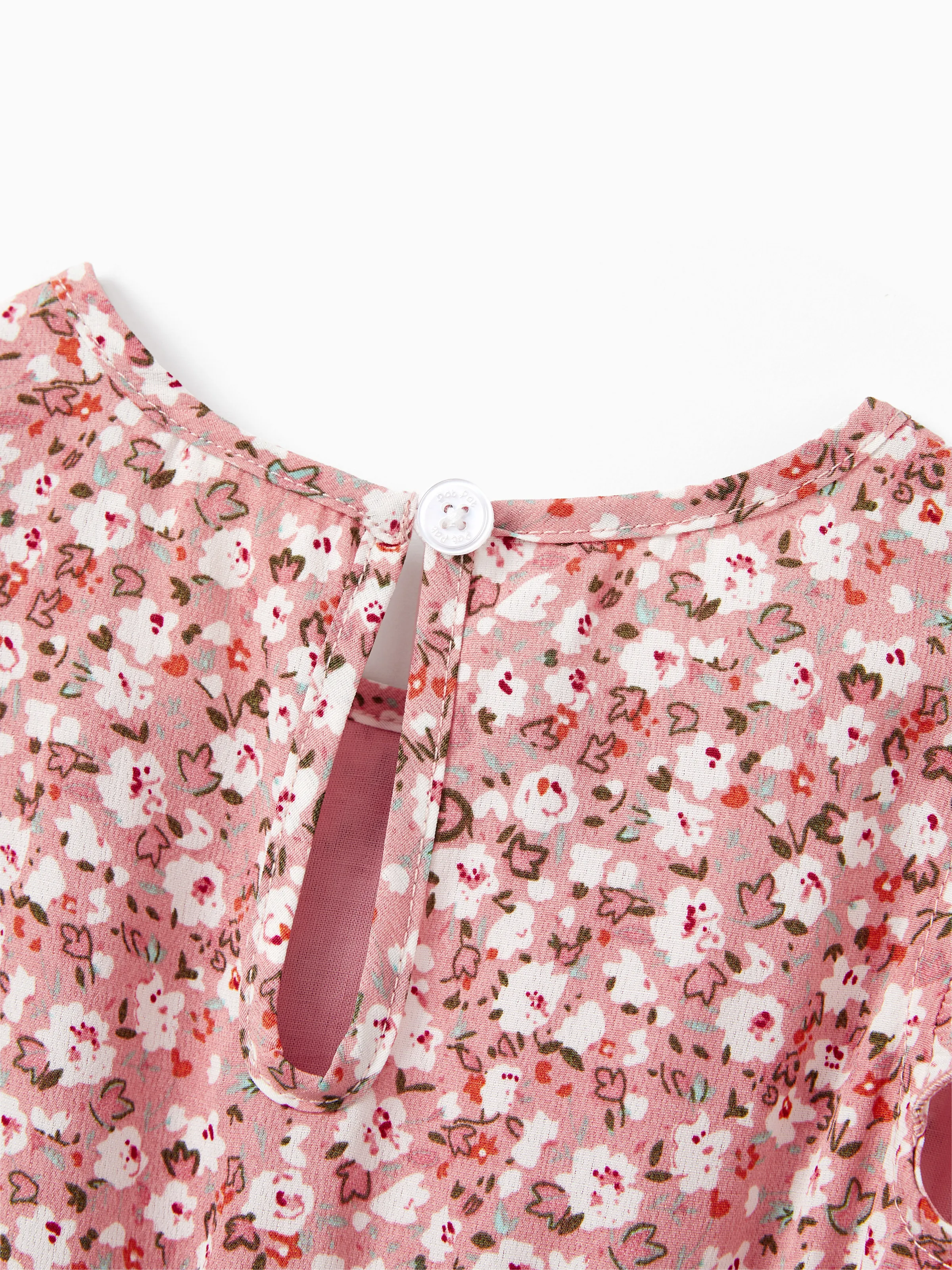 Daddy & Daughter Blue Cotton Colorblock Tee Shirt or Flora Print Smocking Puff-sleeve Dress Set Pink - Image 17