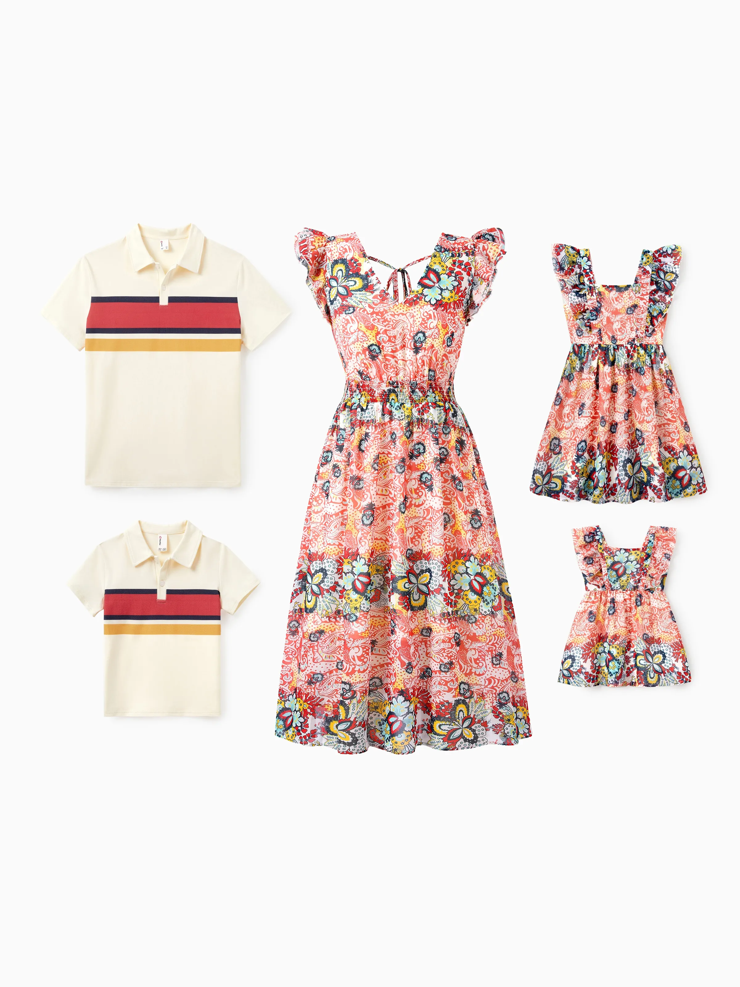 Daddy & Daughter Casual Outfit Colorblock Polo Collar T-shirt or Floral Print Flutter Sleeveless Dress Set Orange red - Image 2