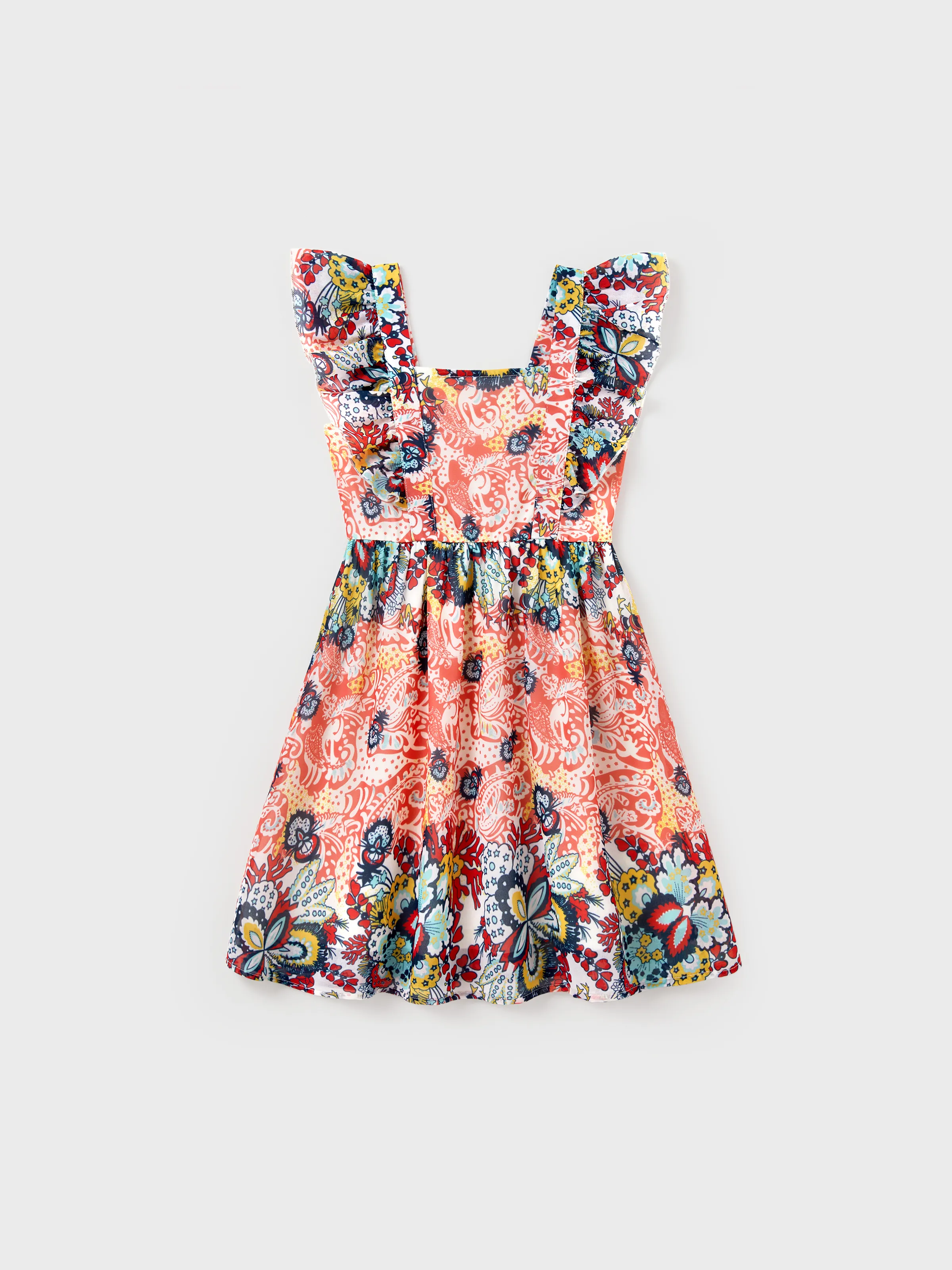 Daddy & Daughter Casual Outfit Colorblock Polo Collar T-shirt or Floral Print Flutter Sleeveless Dress Set Orange red - Image 8