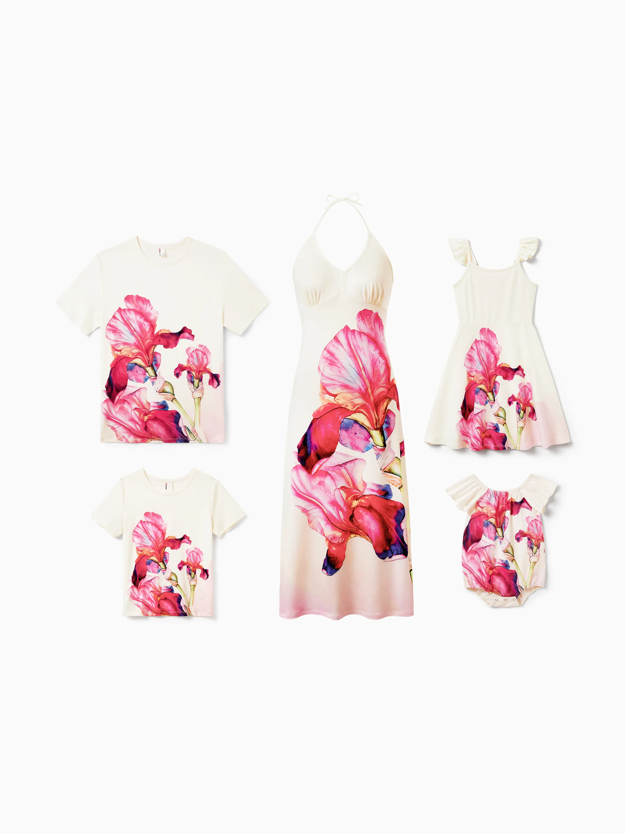 Daddy & Daughter Casual Outfit Floral Print T-shirt or Halter Dress Summer Set for Vacation Apricot - Image 3