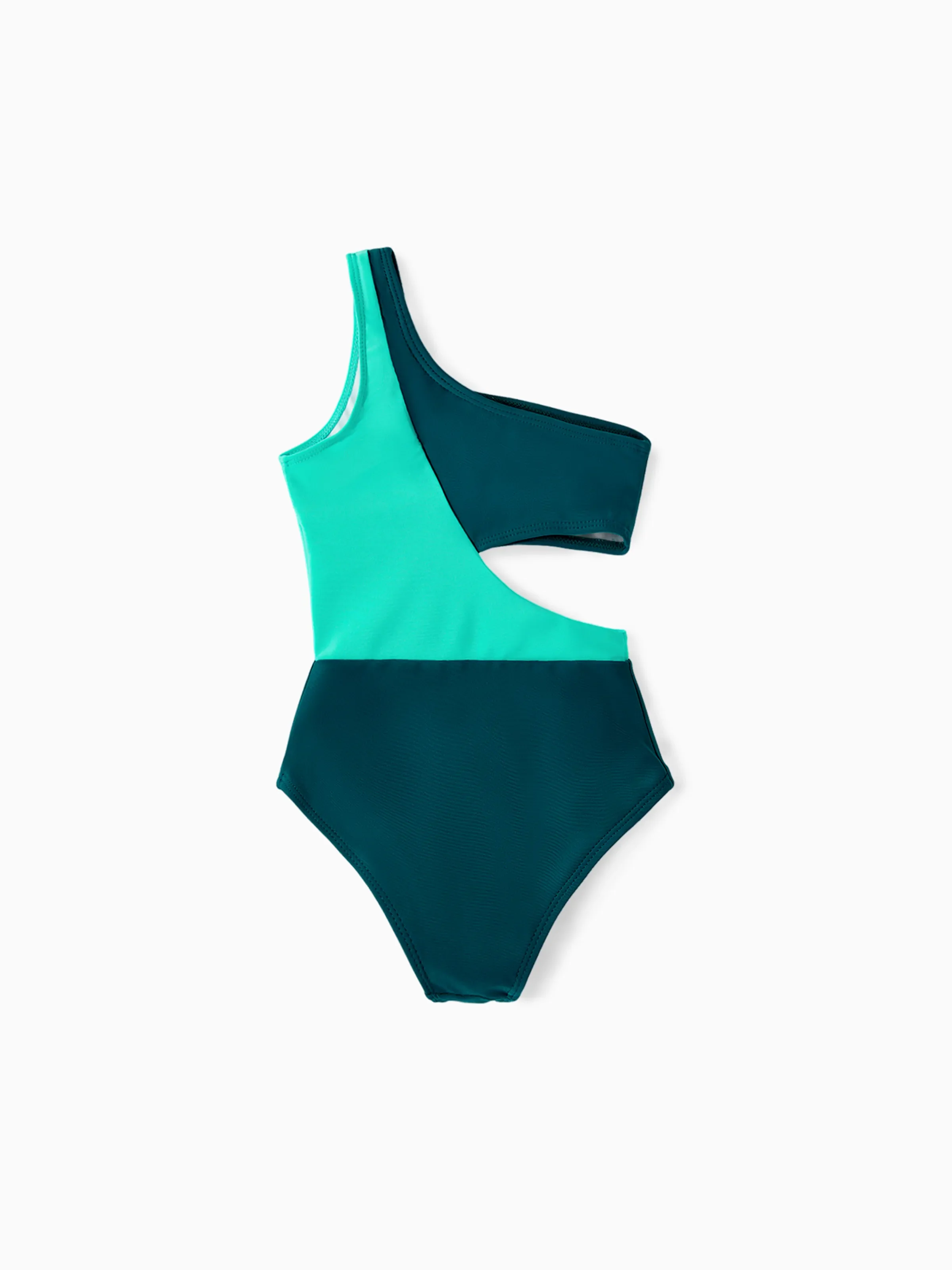 Daddy & Daughter Colorblock One Shoulder Cut Out One-piece Swimsuit and Striped Spliced Swim Trunks Shorts DeepTurquoise - Image 10