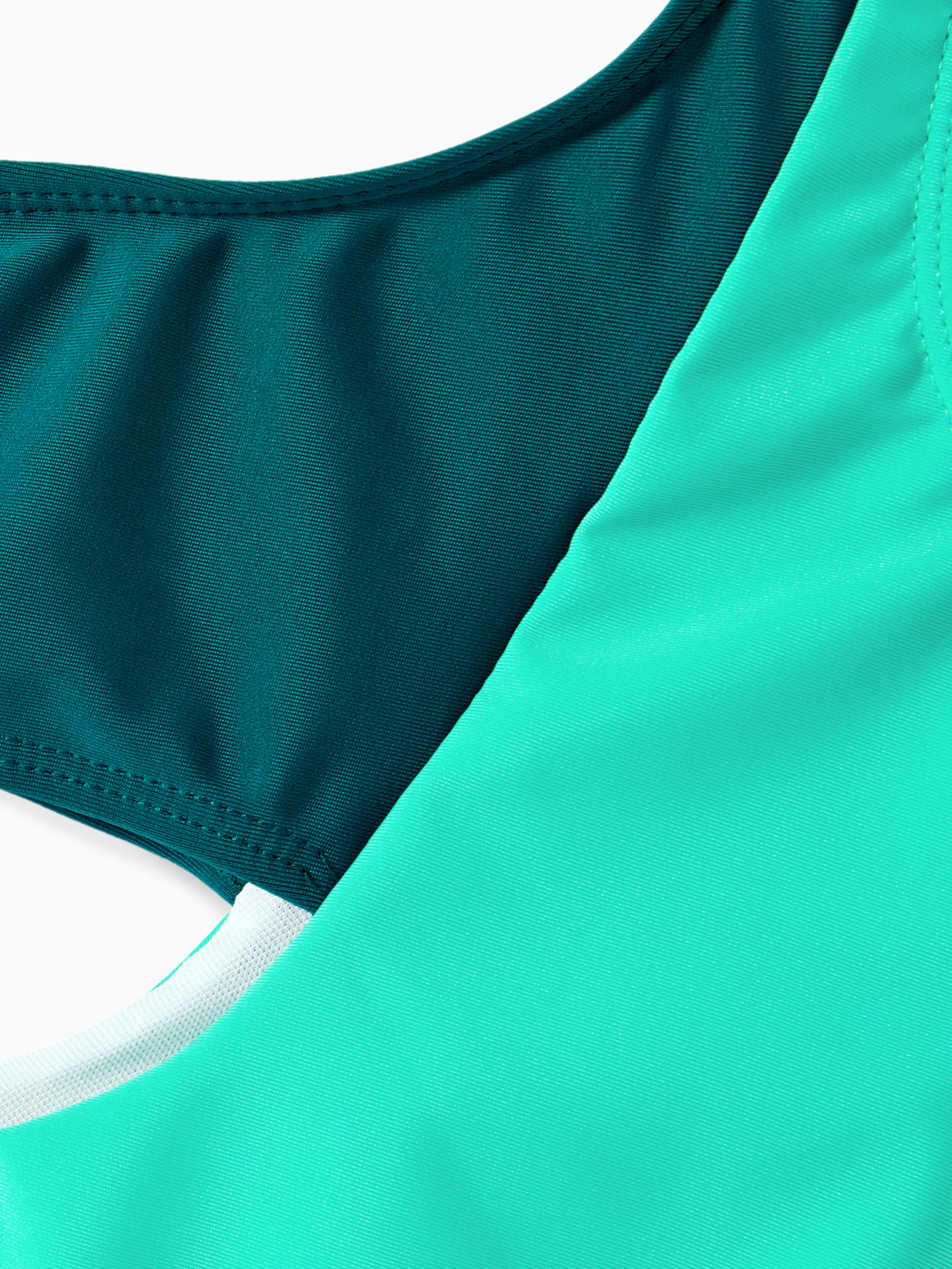 Daddy & Daughter Colorblock One Shoulder Cut Out One-piece Swimsuit and Striped Spliced Swim Trunks Shorts DeepTurquoise - Image 11