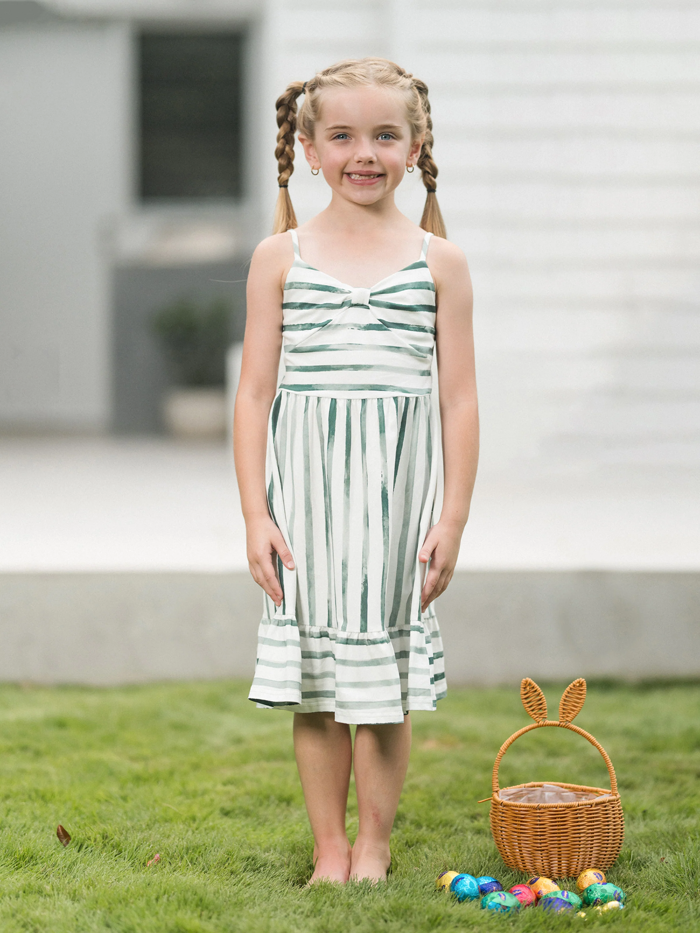 Family Matching Cotton Outfits Set Green Striped T-Shirt and Dress Set for Dad, Mom, Kids & Baby, Perfect for Summer Family Outings & Photos Green - Image 10