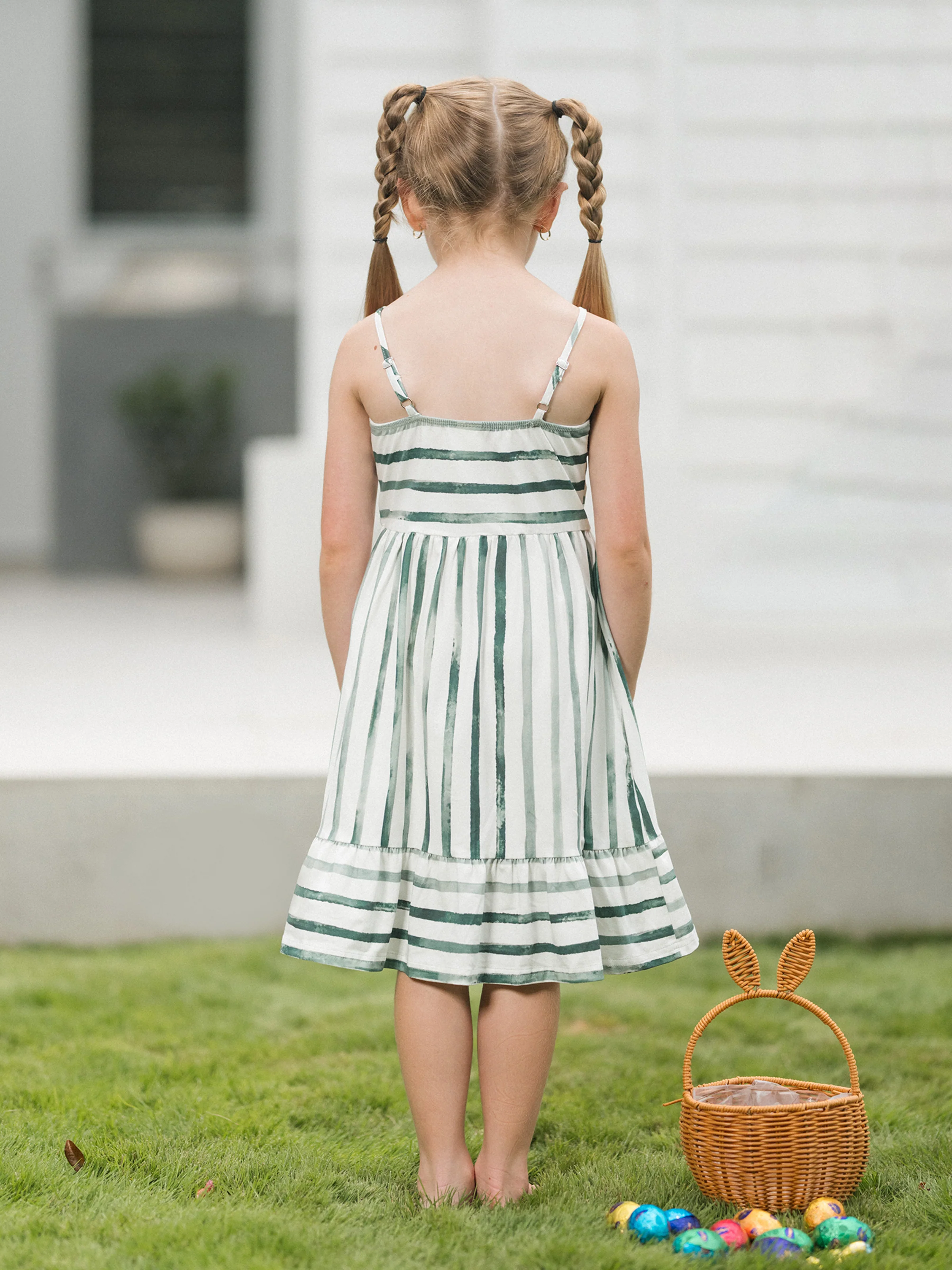 Family Matching Cotton Outfits Set Green Striped T-Shirt and Dress Set for Dad, Mom, Kids & Baby, Perfect for Summer Family Outings & Photos Green - Image 11