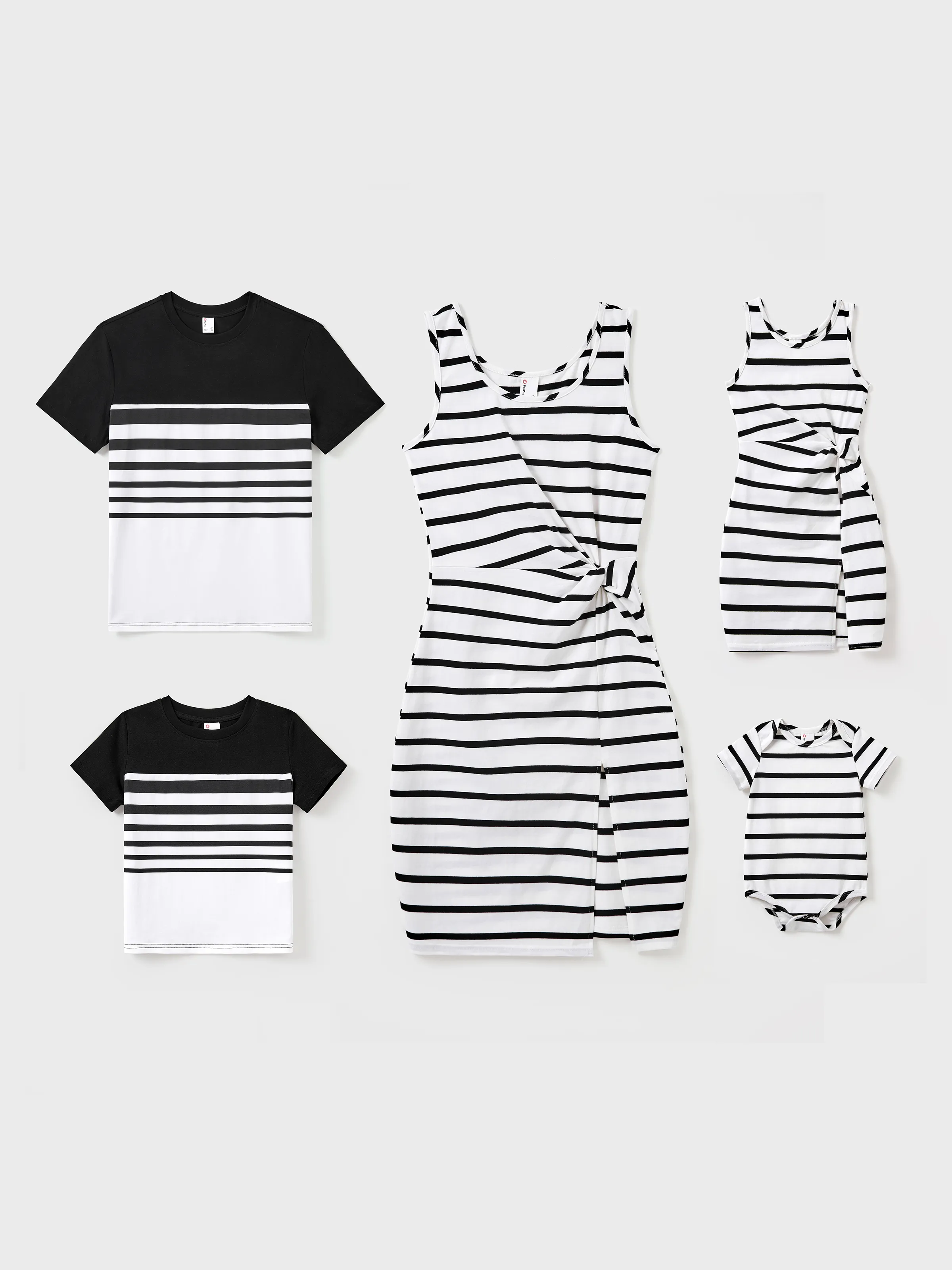 Daddy & Daughter Cotton Set Black and White Stripe T-shirt or Strap Bodycon Dress Black+White - Image 2