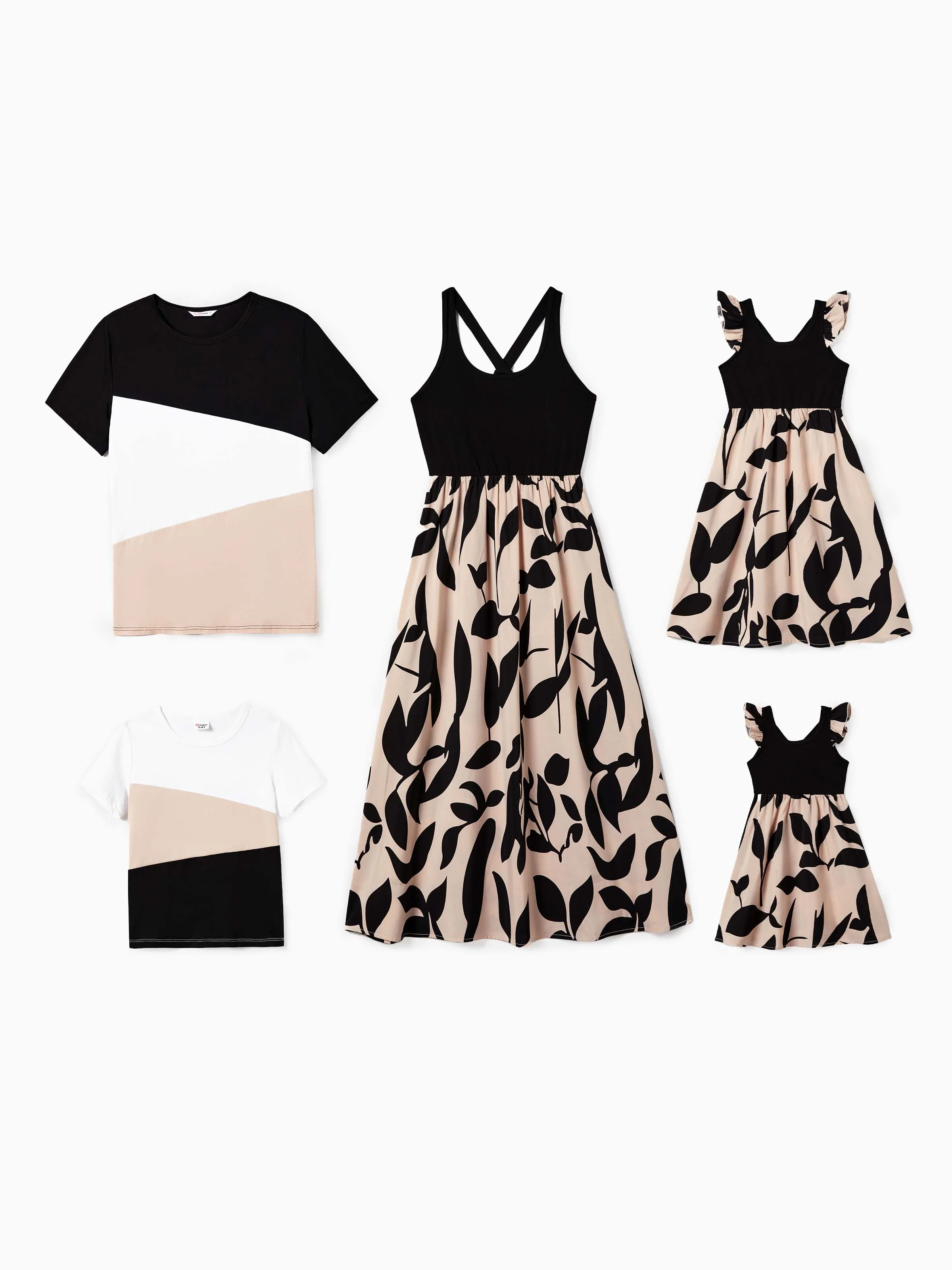 Daddy & Daughter Cross Back Floral Strap Dress and Colorblock Top Sets Black - Image 2