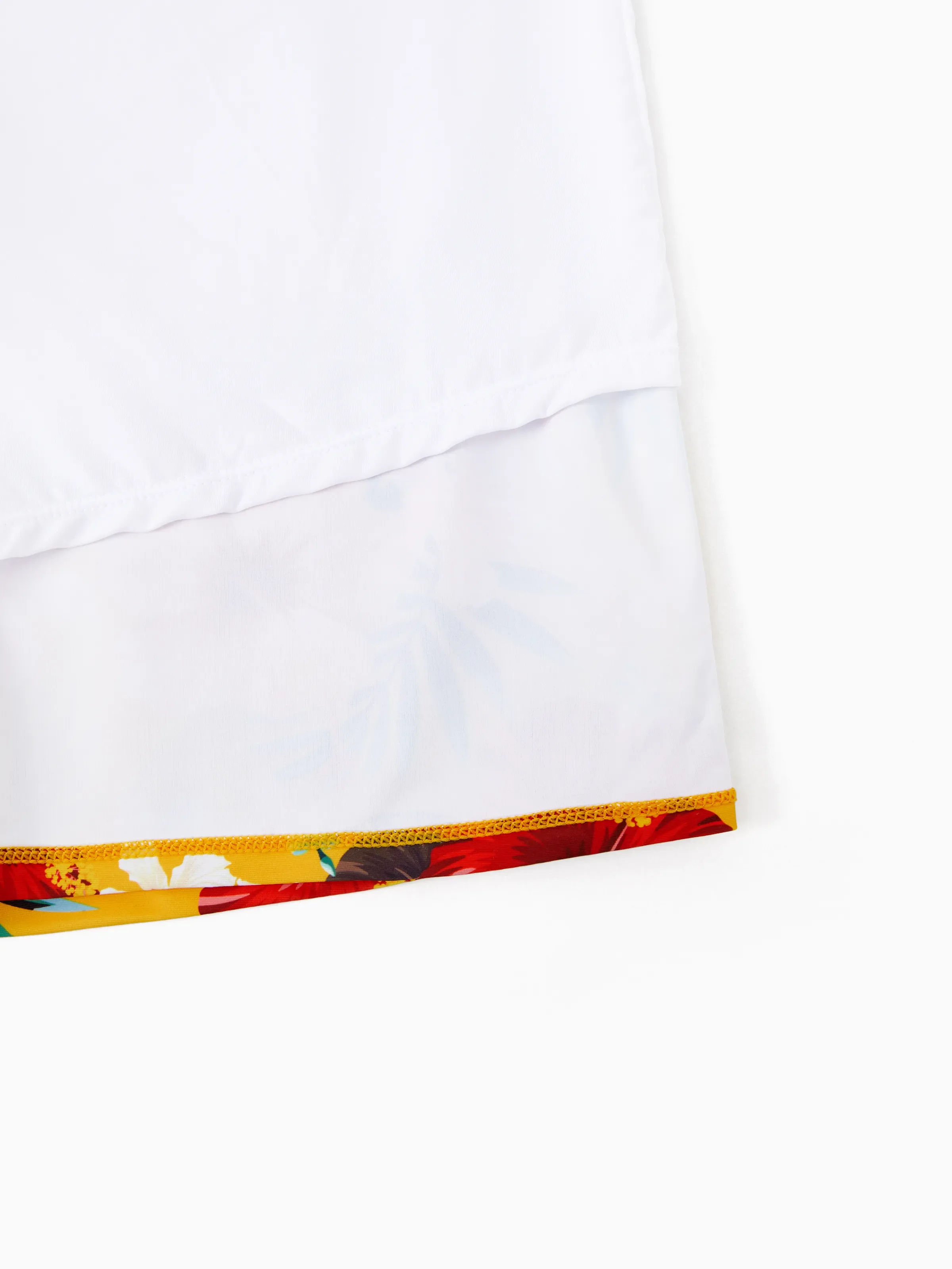 Daddy & Daughter Floral Drawstring Swim Trunks or Flowy Spliced Mesh Swim Dress with Triangle Swim Bottom Yellow - Image 7