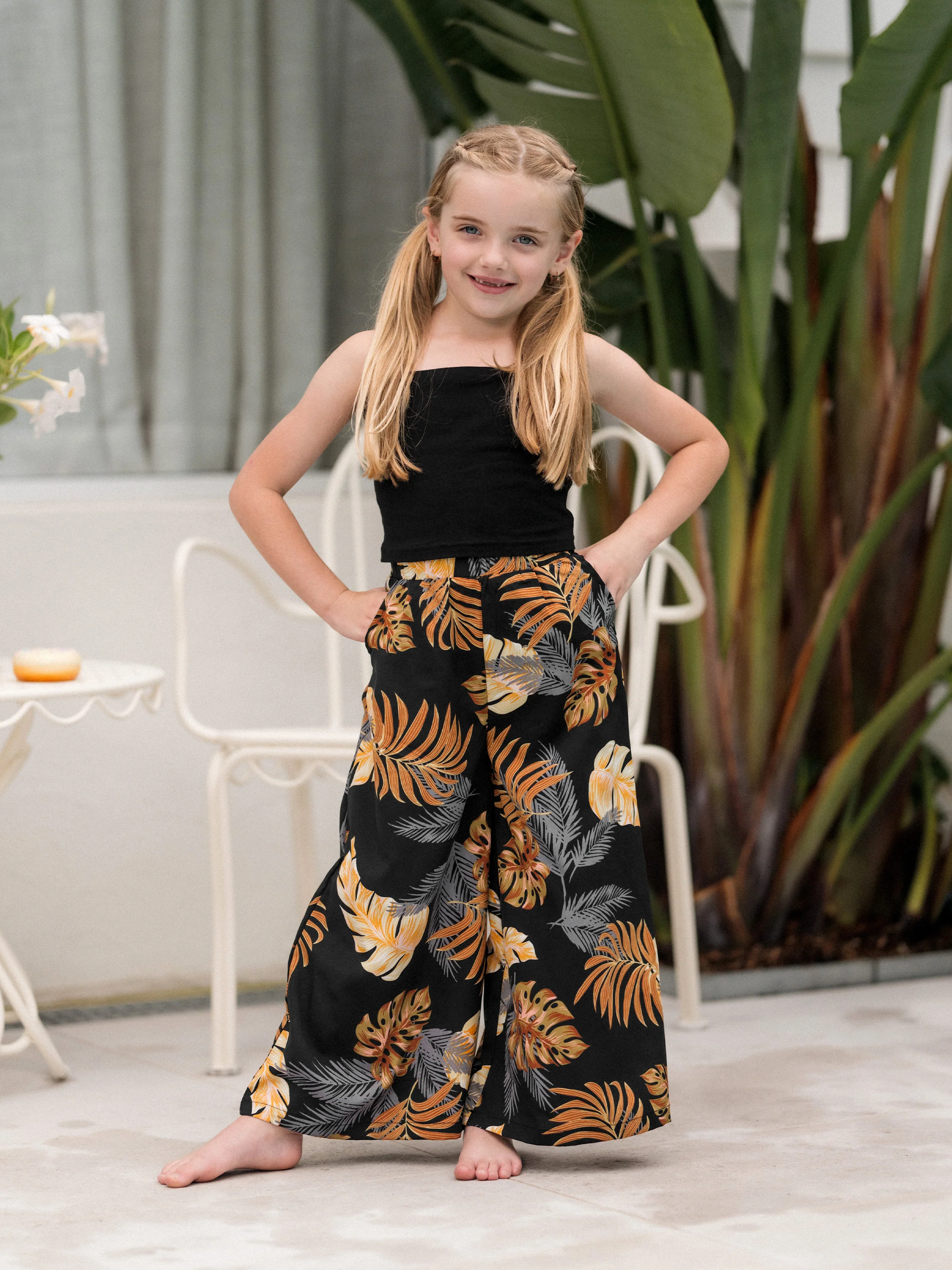 Mommy & me Floral Print Beach Wear Camisole top and Wide-Leg Pants Set for Summer Vacation Family Looks Black+White - Image 11
