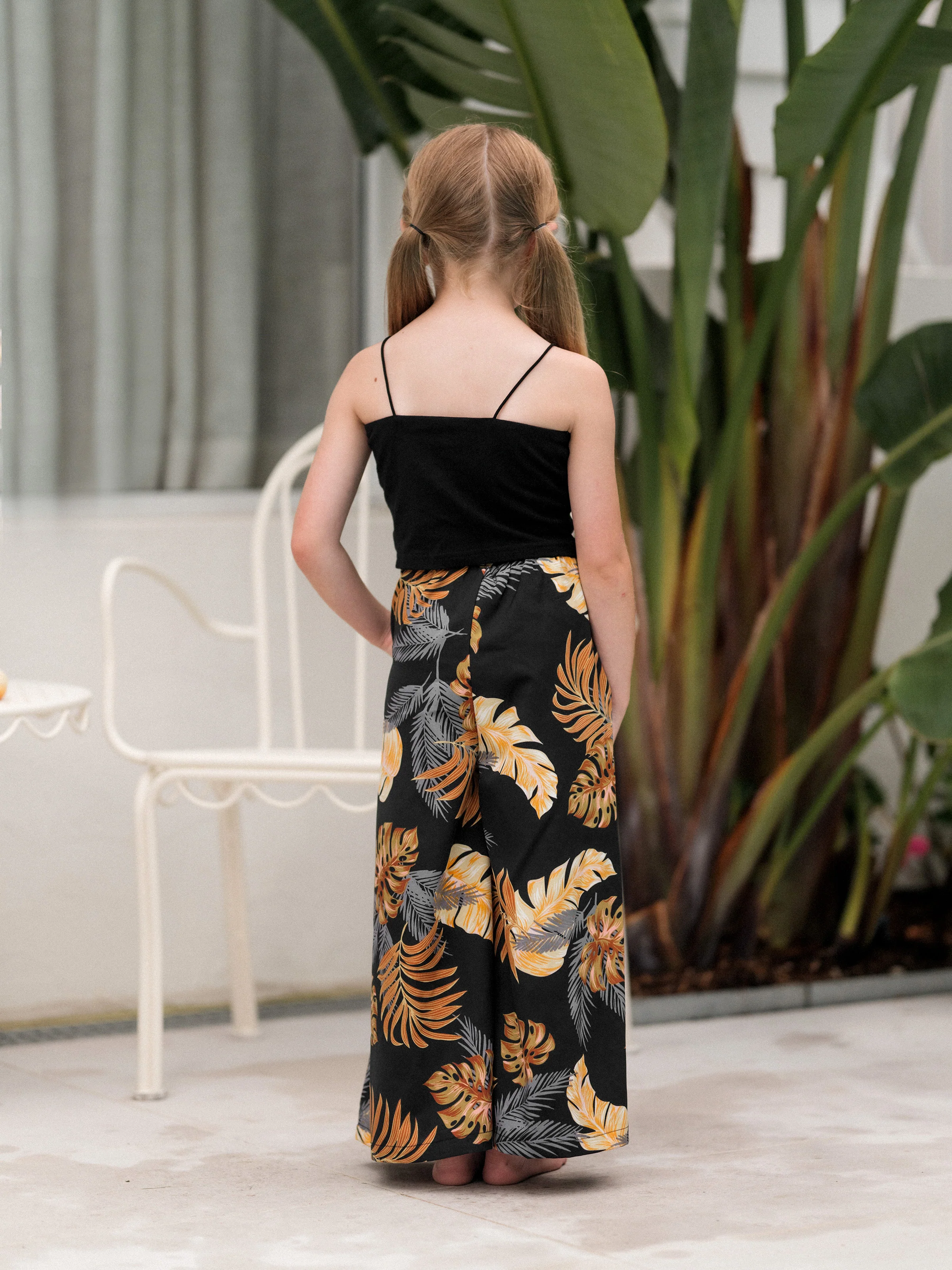 Mommy & me Floral Print Beach Wear Camisole top and Wide-Leg Pants Set for Summer Vacation Family Looks Black+White - Image 12