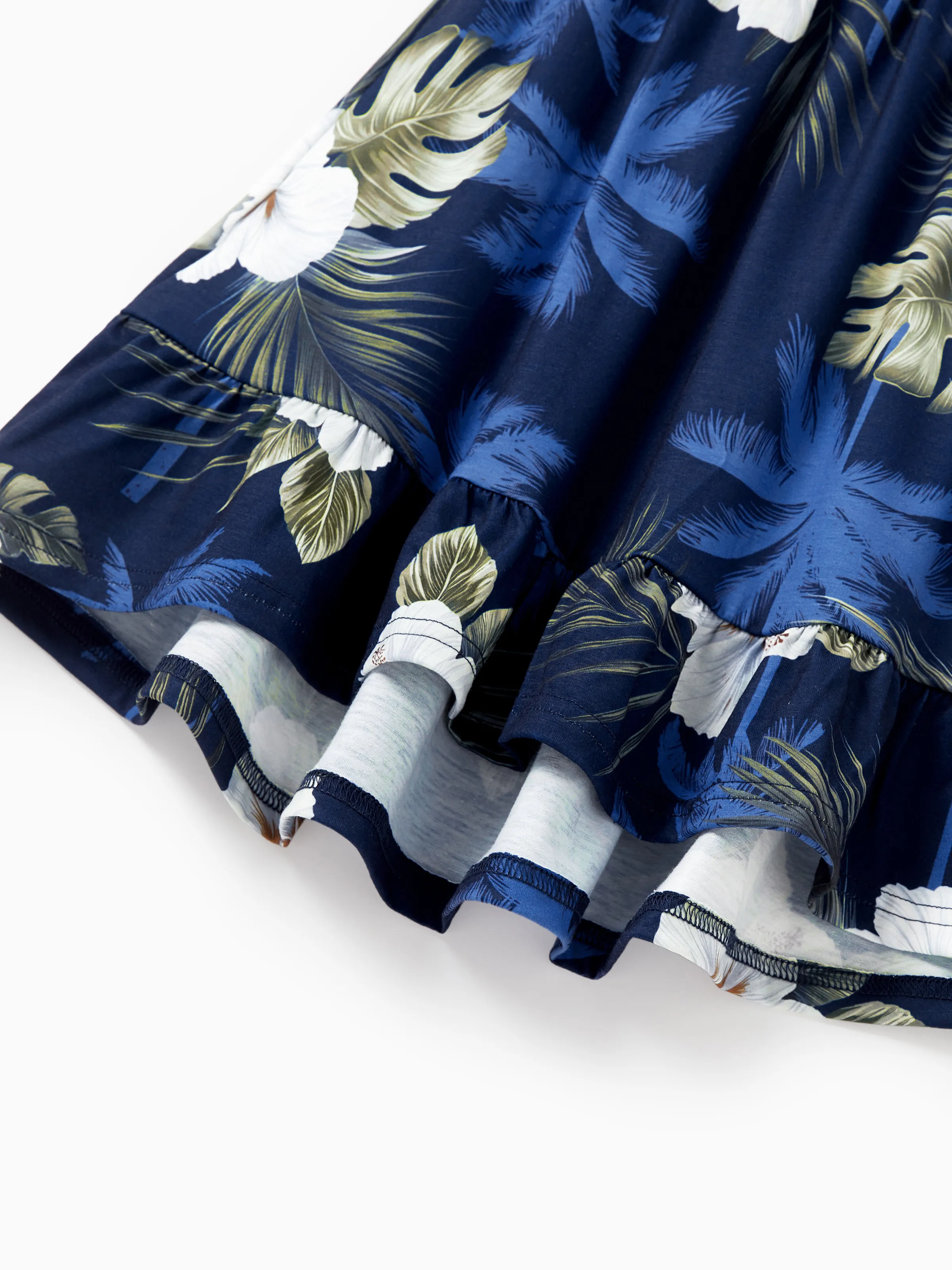 Daddy & Daughter Floral Print Cotton Top Short-sleeve Shirt or Splicing Sleeveless Tank Dress Deep Blue - Image 12