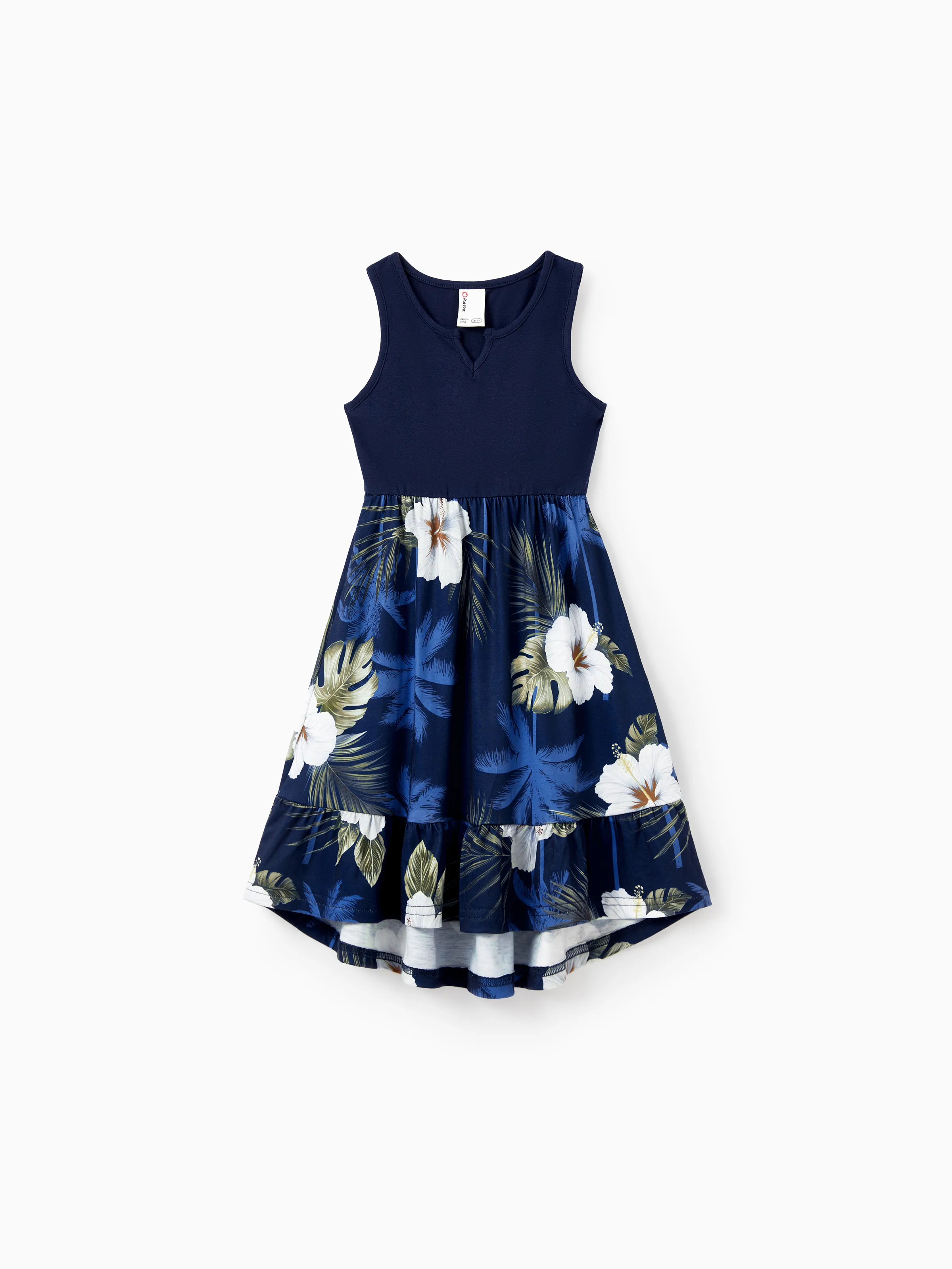 Daddy & Daughter Floral Print Cotton Top Short-sleeve Shirt or Splicing Sleeveless Tank Dress Deep Blue - Image 8