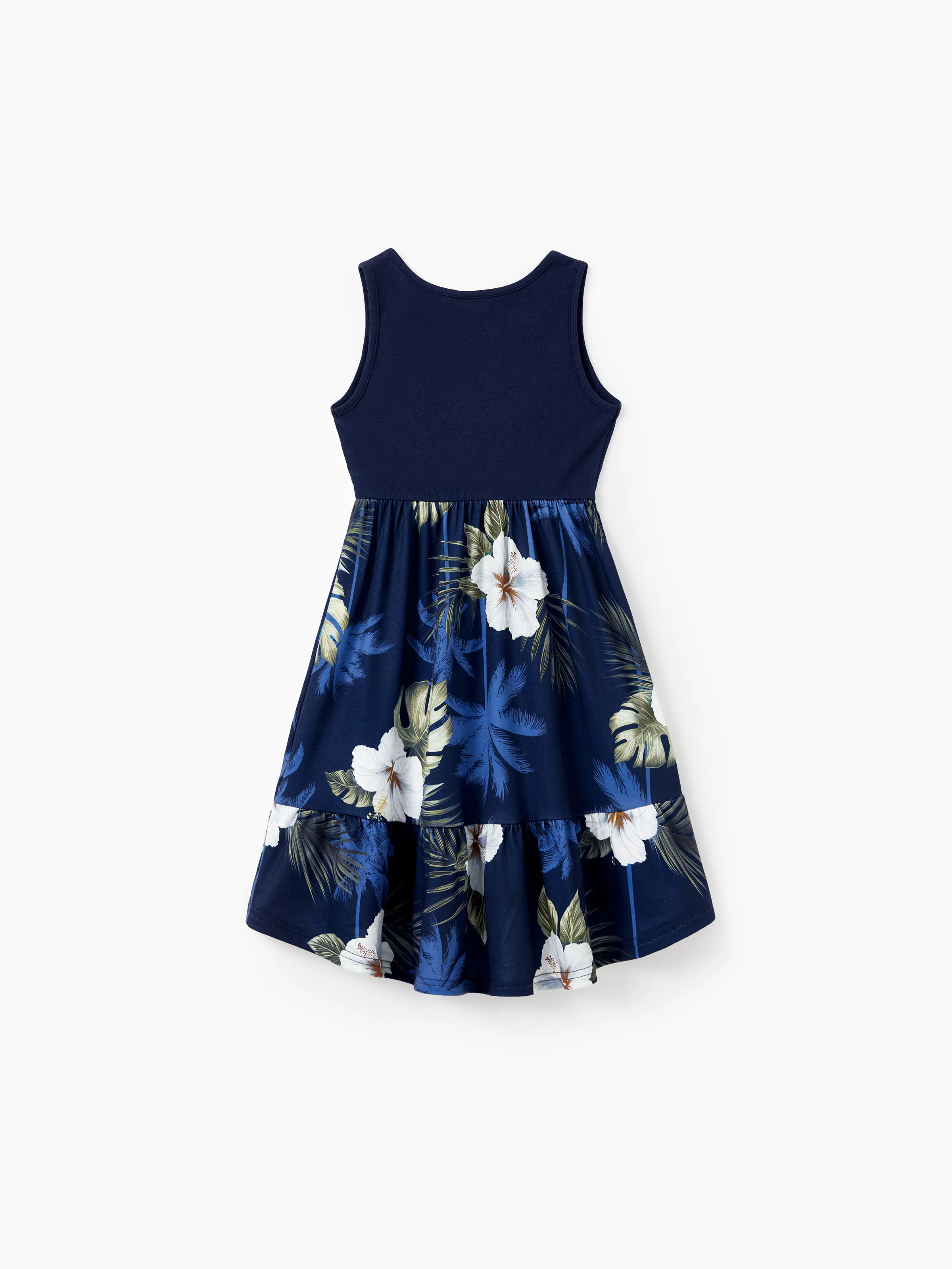 Daddy & Daughter Floral Print Cotton Top Short-sleeve Shirt or Splicing Sleeveless Tank Dress Deep Blue - Image 9