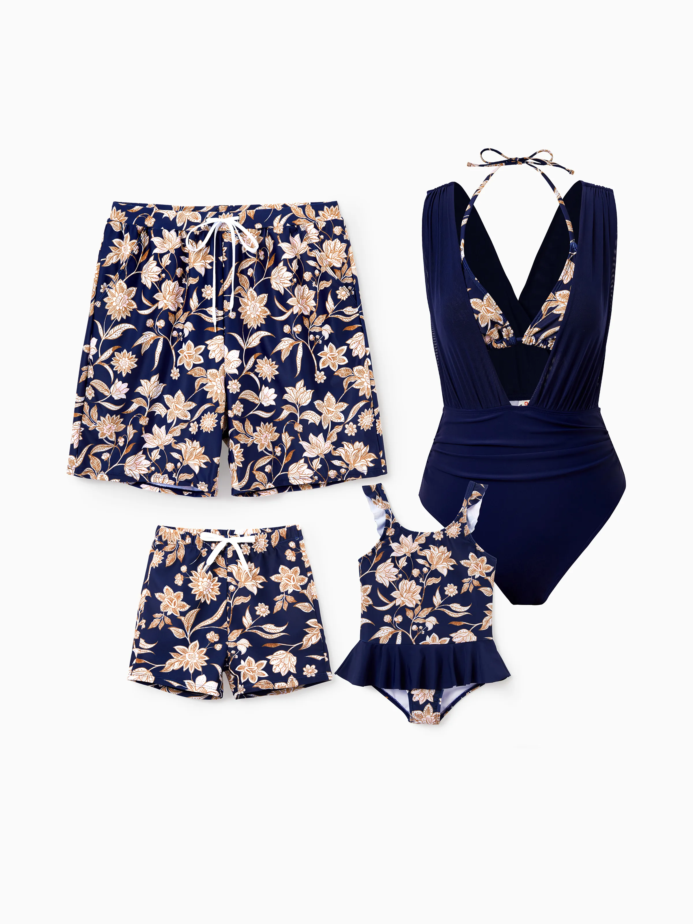 Daddy & Daughter Floral Print Swimsuits 2-in-1 One-Piece Swimsuit & Swim Trunks Deep Blue - Image 2