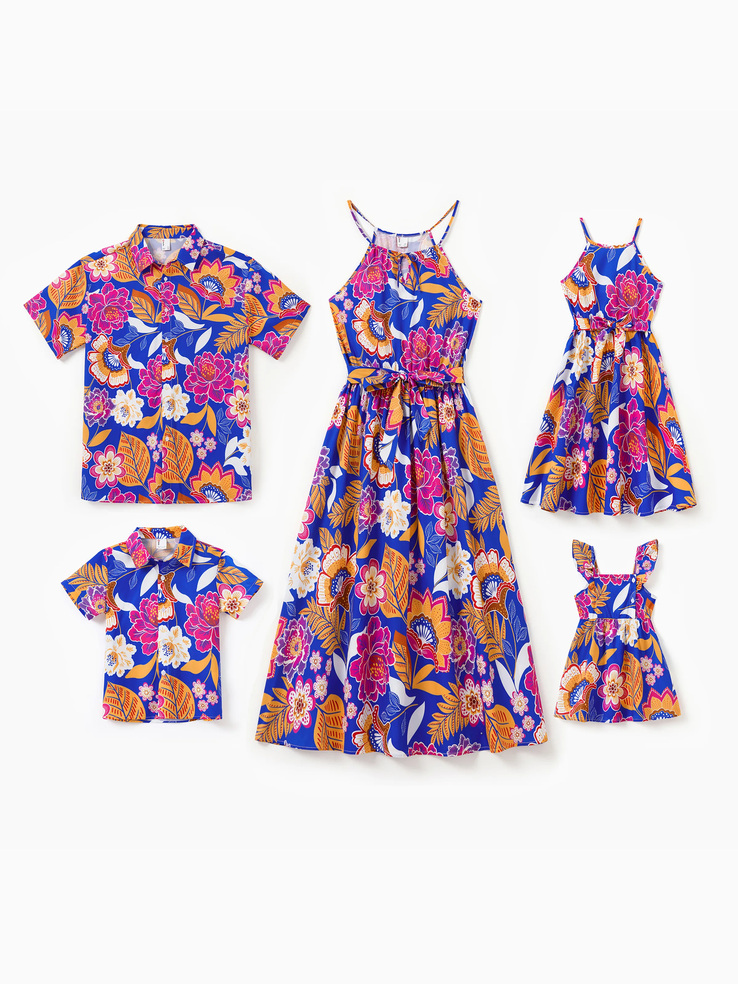 Daddy & Daughter Hawaiian Outfits Tropical Floral Print Vacation Clothes Strap Belted Dress or Short-sleeve Shirts Summer Beachwear Set Navy - Image 2