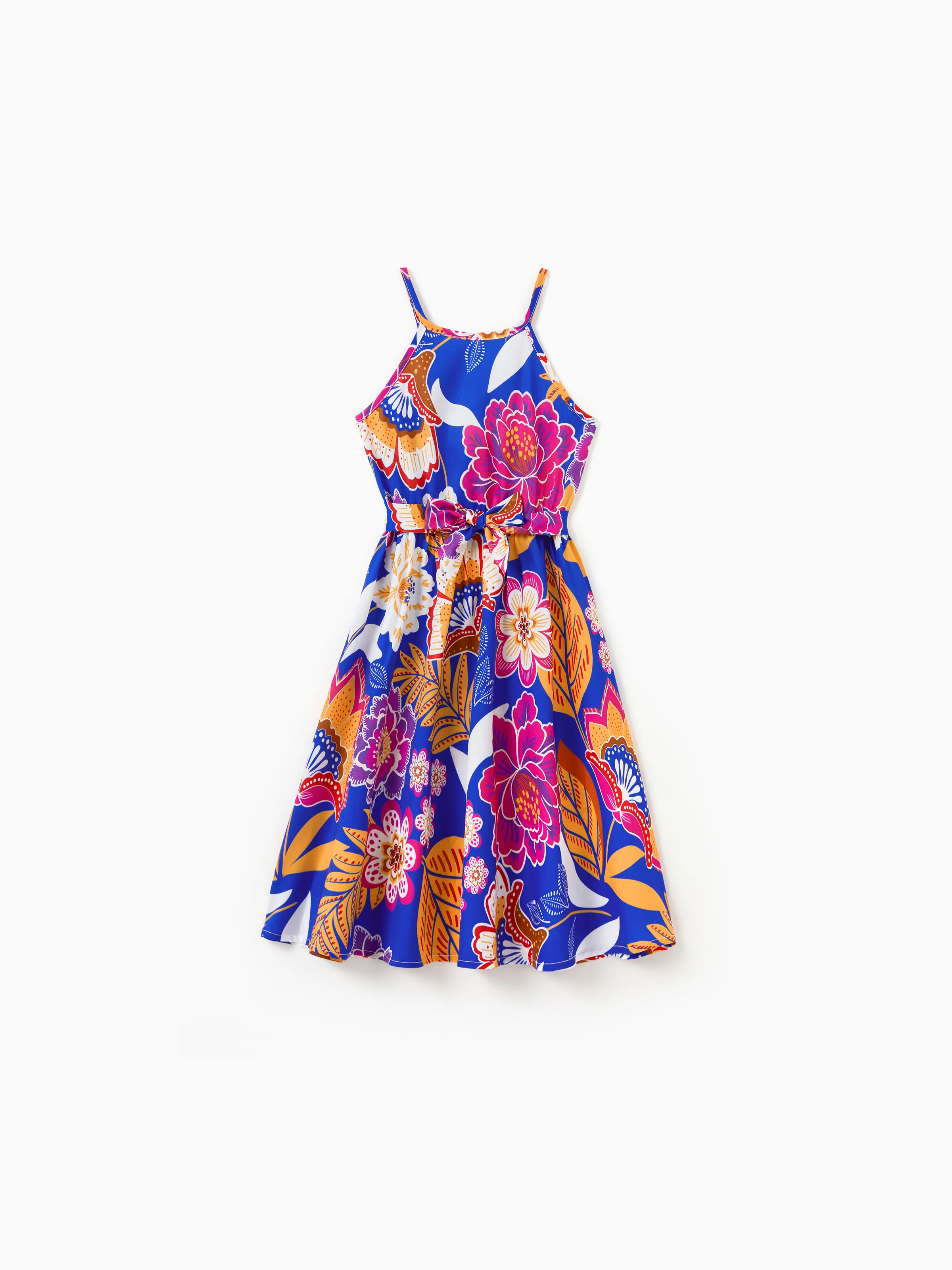 Daddy & Daughter Hawaiian Outfits Tropical Floral Print Vacation Clothes Strap Belted Dress or Short-sleeve Shirts Summer Beachwear Set Navy - Image 8