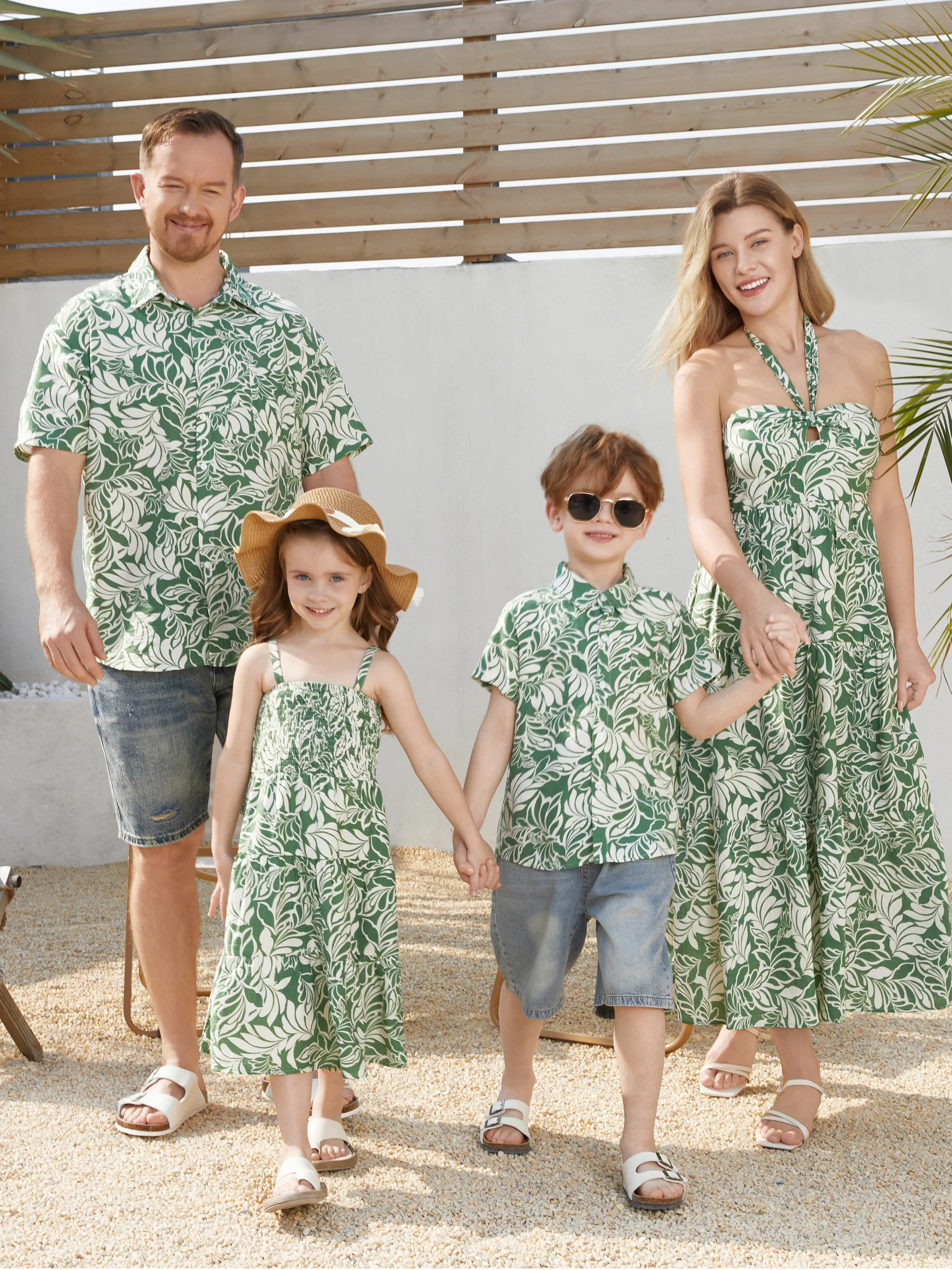 Daddy & Daughter Leaf Print Short-sleeve Shirt or Halter Dress Green Set Green - Image 2