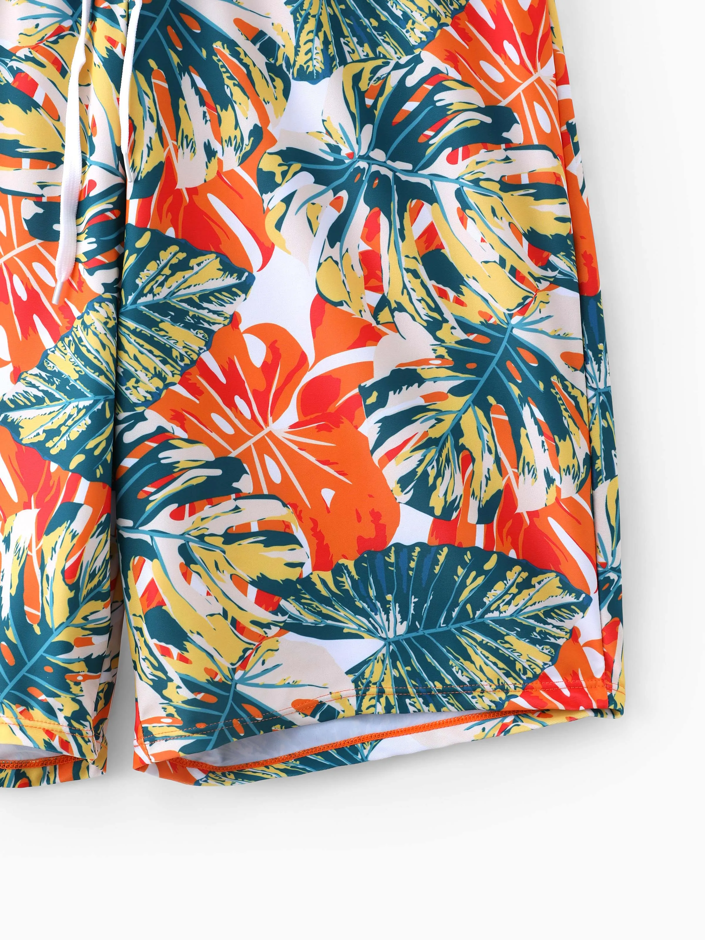 Daddy & Daughter Orange and All Over Tropical Plant Print Splicing Ruffle One-Piece Swimsuit and Swim Trunks Shorts Orange color - Image 6