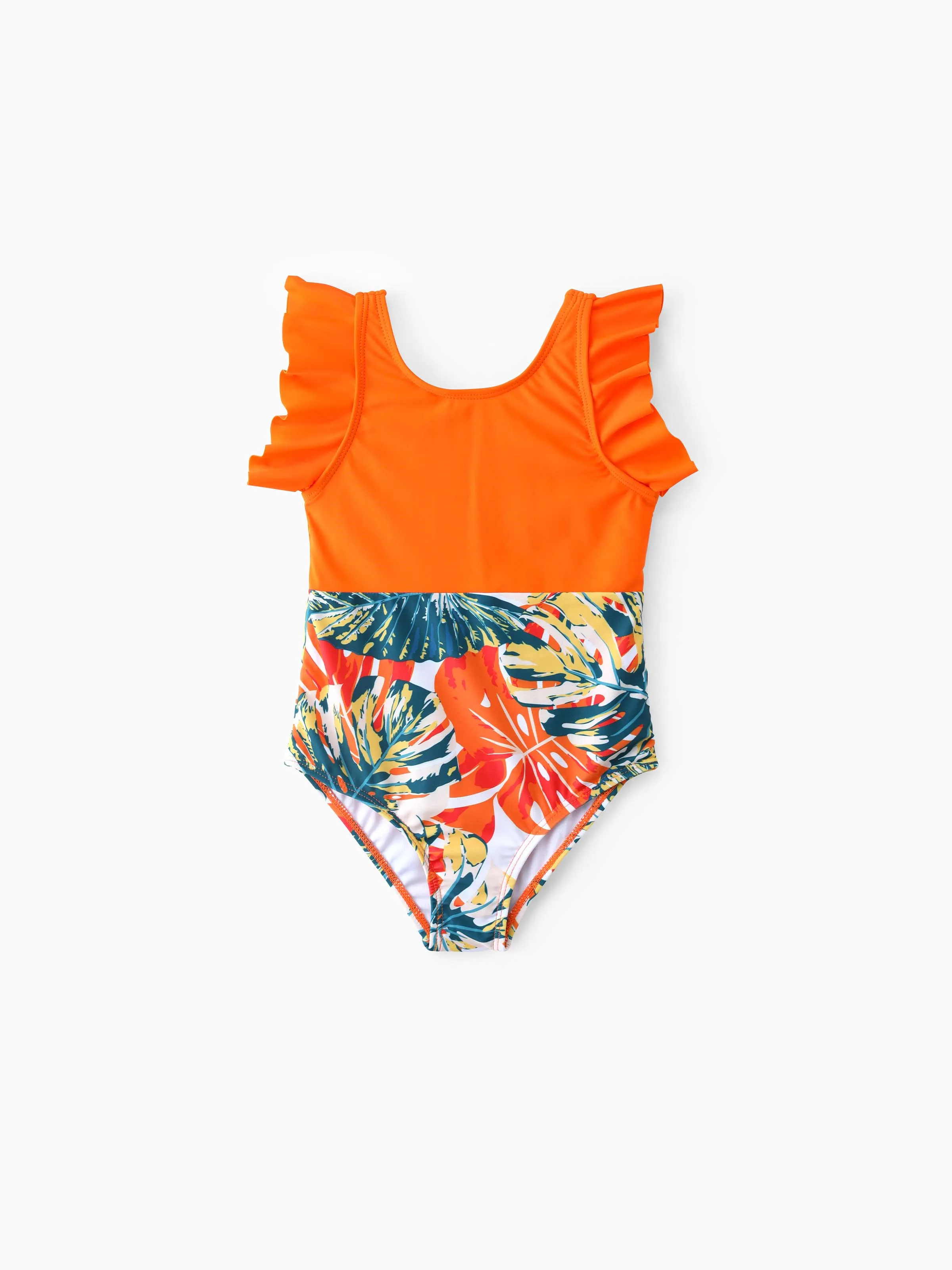 Daddy & Daughter Orange and All Over Tropical Plant Print Splicing Ruffle One-Piece Swimsuit and Swim Trunks Shorts Orange color - Image 7