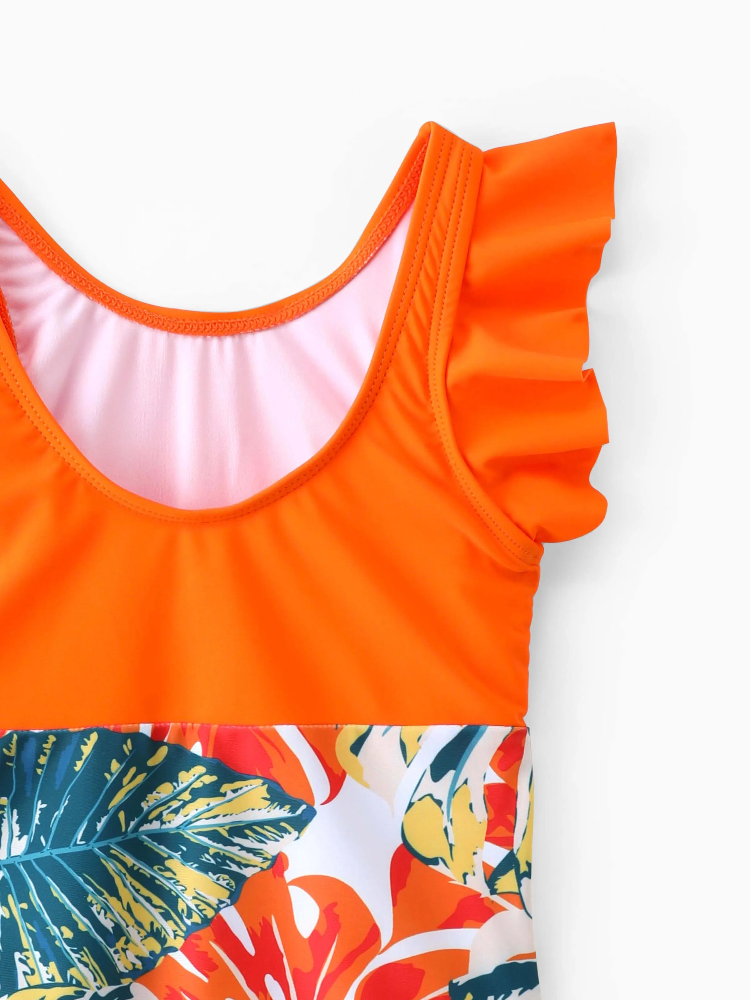 Daddy & Daughter Orange and All Over Tropical Plant Print Splicing Ruffle One-Piece Swimsuit and Swim Trunks Shorts Orange color - Image 9