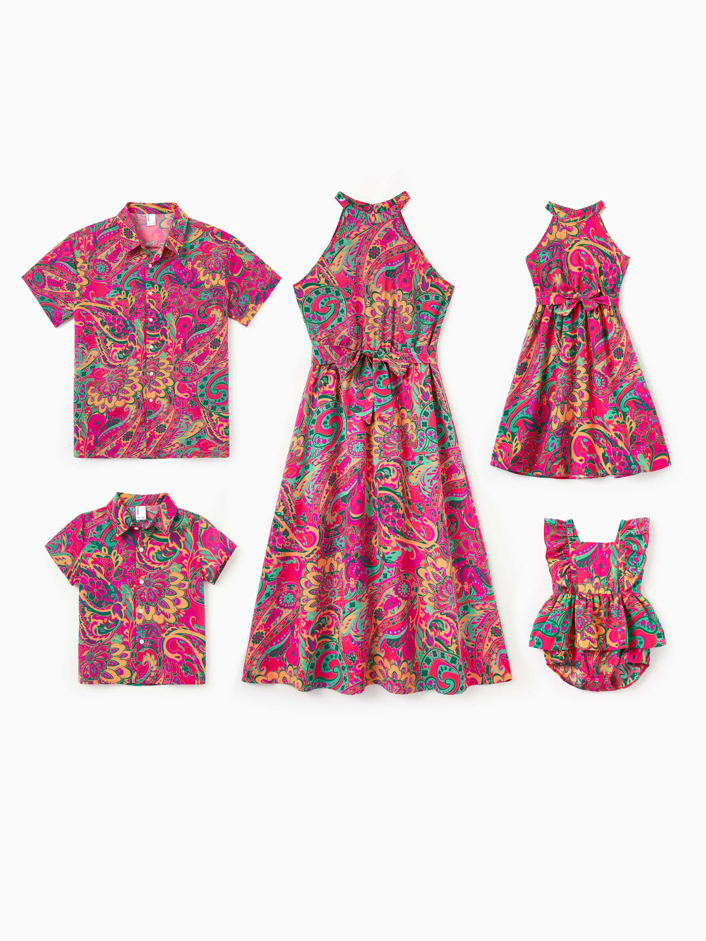 Daddy & Daughter Outfit Set Sleeveless Halter Belted Dress or Short-sleeve Collar Shirt   for Summer Vacation Hot Pink - Image 2