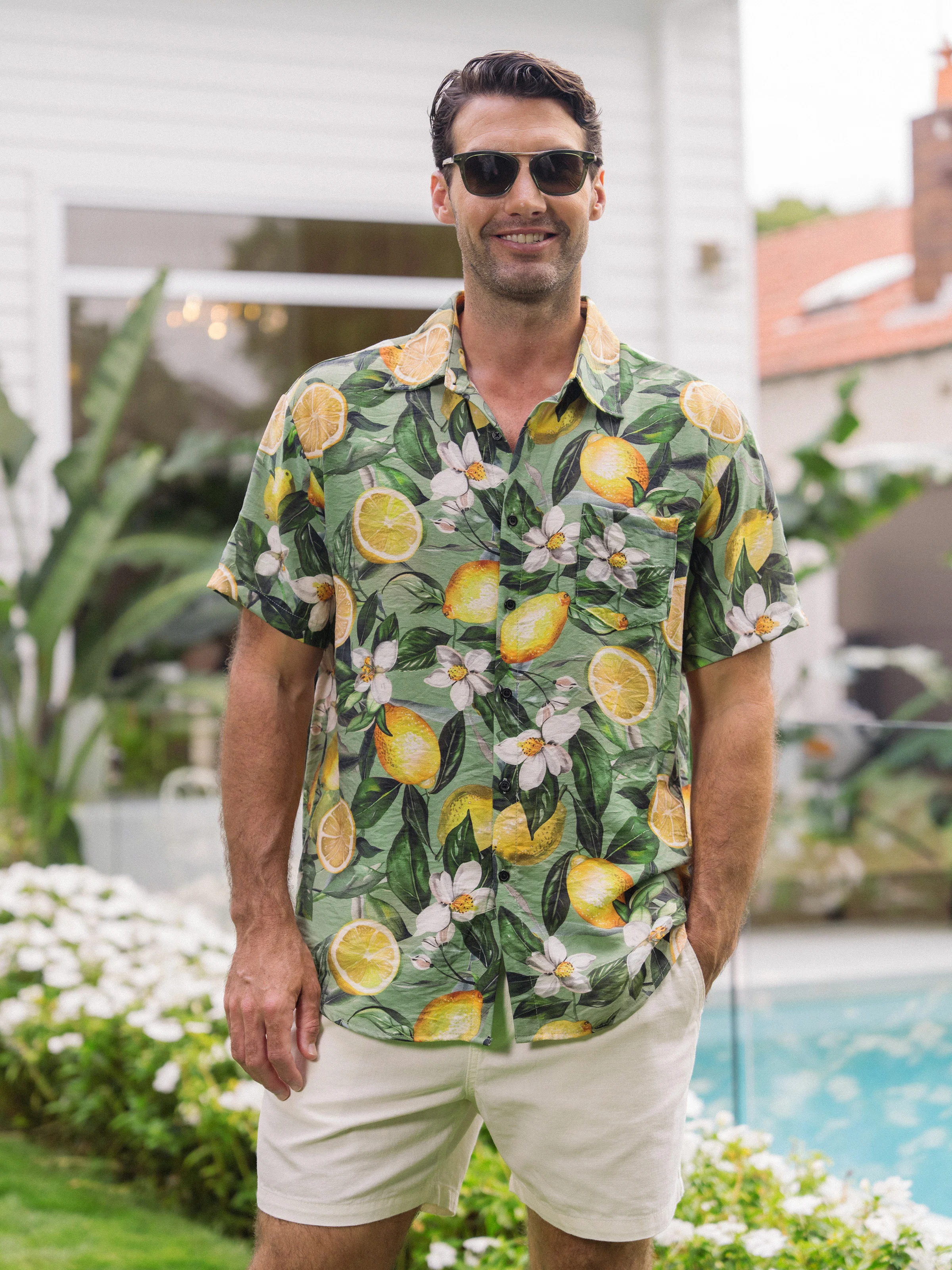 Daddy & Son Outfits – Lemon Print Hawaiian Shirts  – Tropical Vacation Clothes for Men & Kids Green - Image 4
