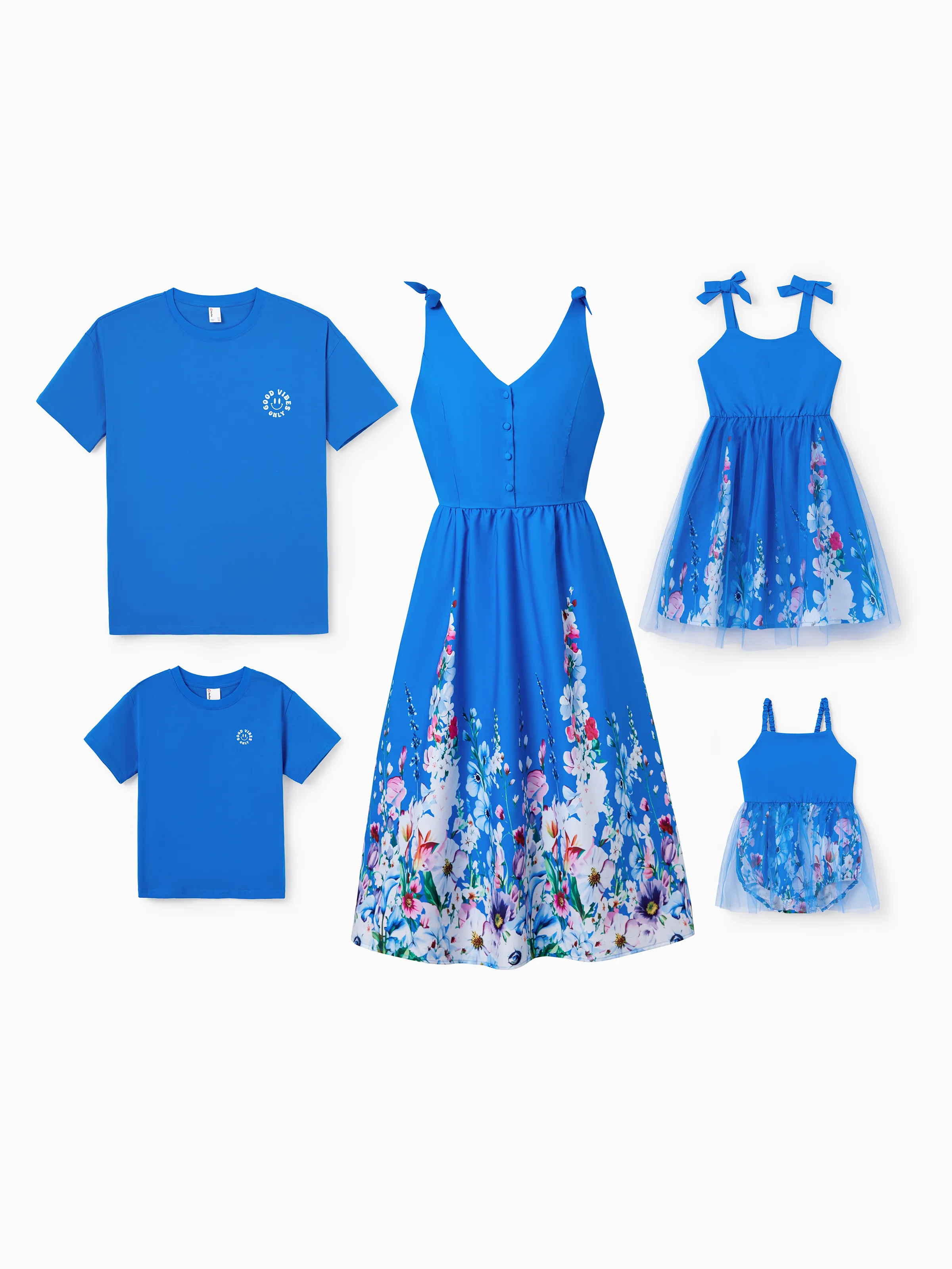 Daddy & Daughter Outfits Set Floral Sleeveless Dress or Short-sleeve T-shirt Blue - Image 2