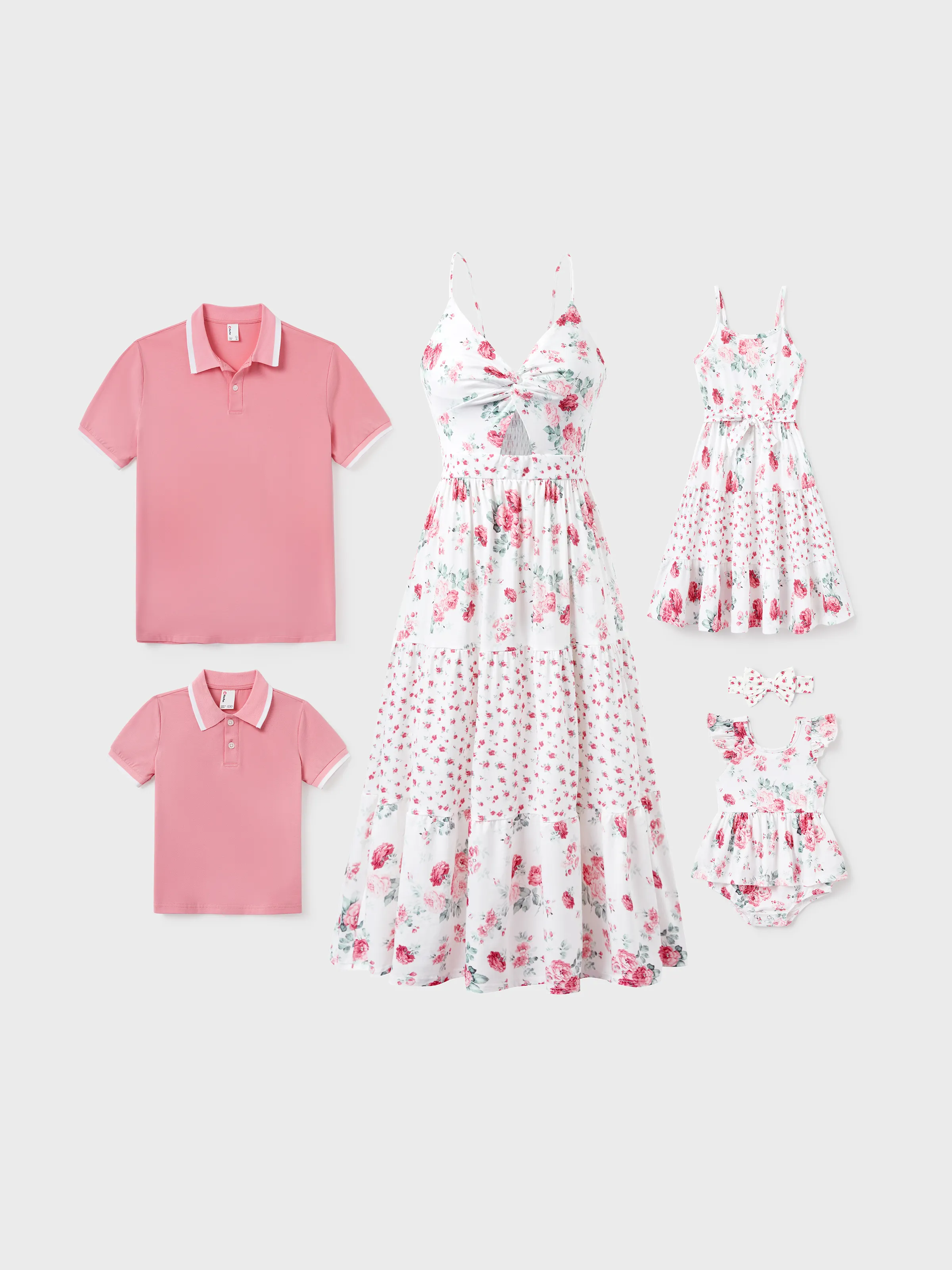 Daddy & Daughter Outfits Set Solid Color Short-sleeve Polo Collar Shirt or Flower Print Hollow out Dress Pink - Image 2