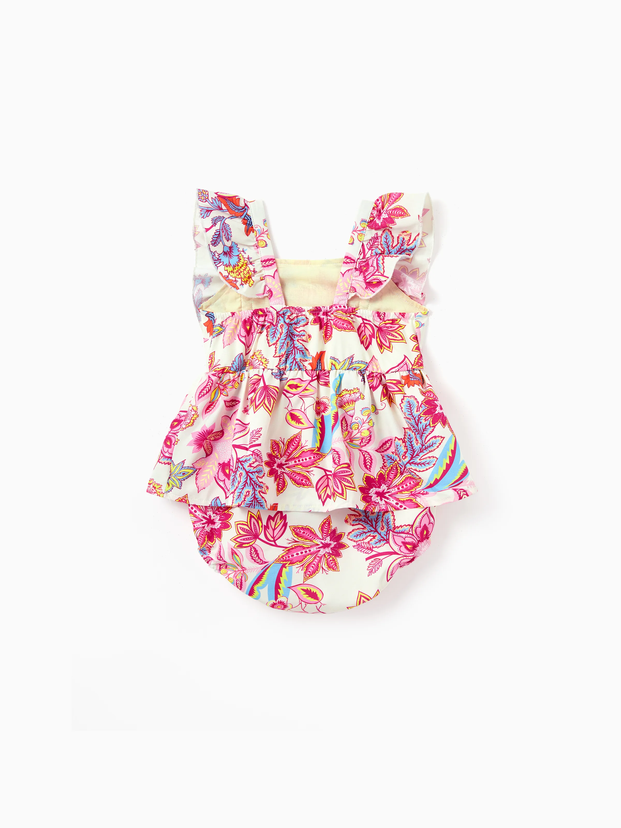 Daddy & Daughter Outfits Set Tropical Flora Print Short-sleeve Collar Shirt or Halter Belted Dress for Summer Vacation Beige - Image 14