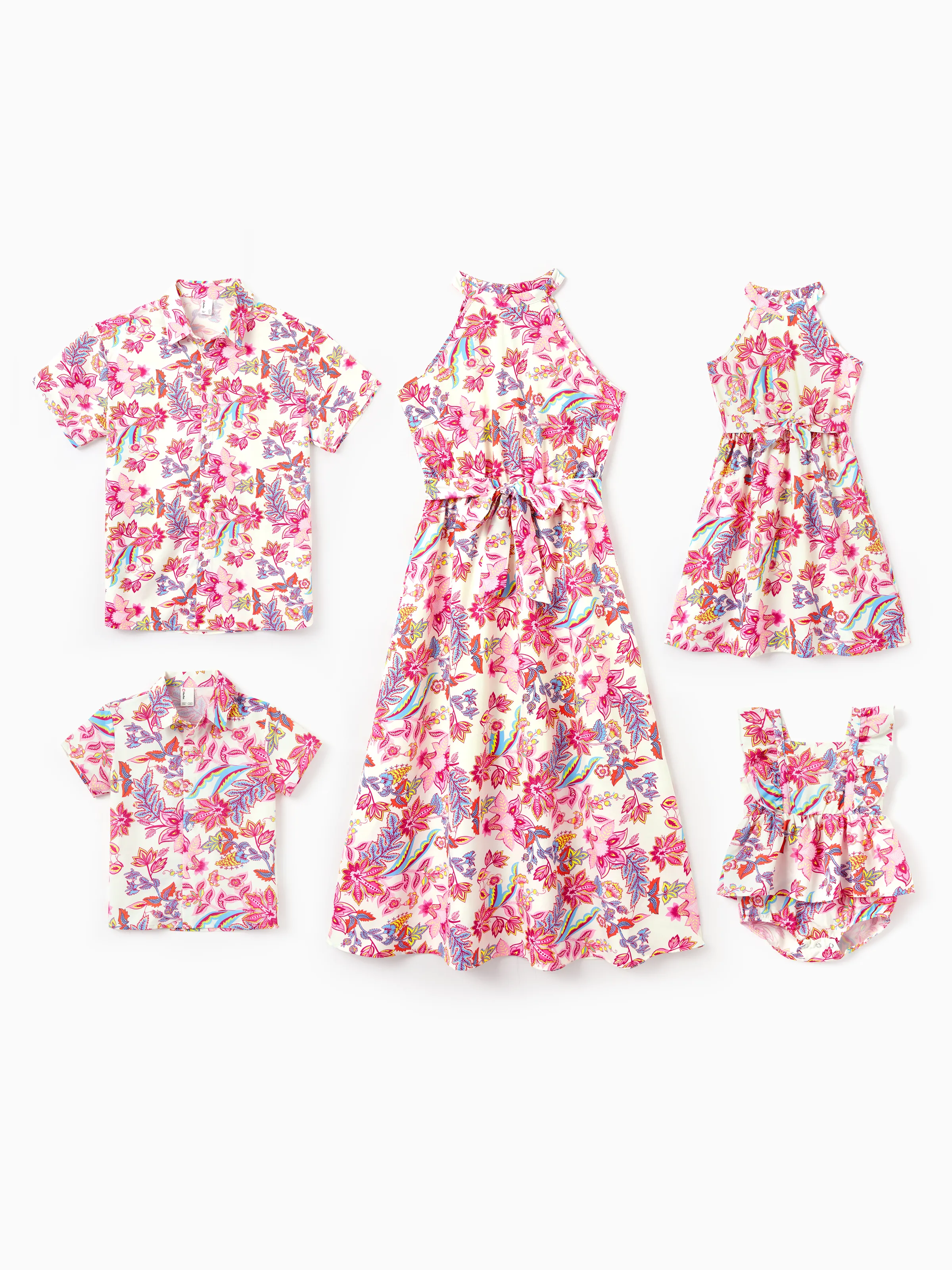 Daddy & Daughter Outfits Set Tropical Flora Print Short-sleeve Collar Shirt or Halter Belted Dress for Summer Vacation Beige - Image 2