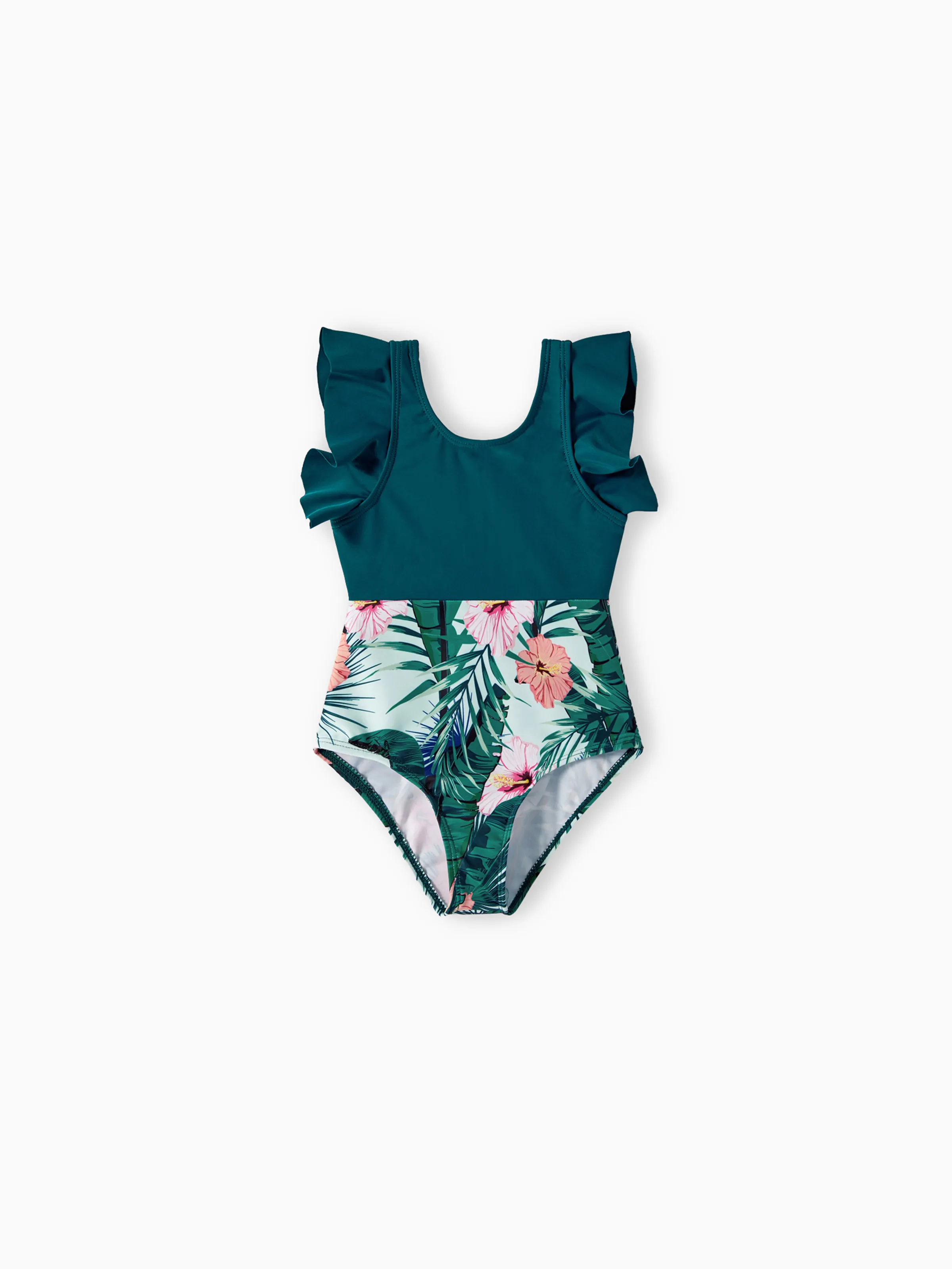 Daddy & Daughter Plant Print Ruffle Trim Spliced One-piece Swimsuit or Swim Trunks Green - Image 10