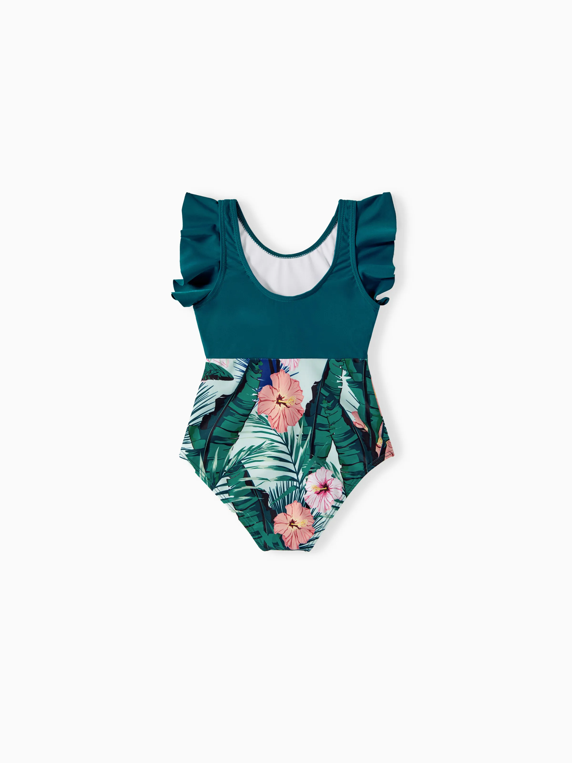 Daddy & Daughter Plant Print Ruffle Trim Spliced One-piece Swimsuit or Swim Trunks Green - Image 11
