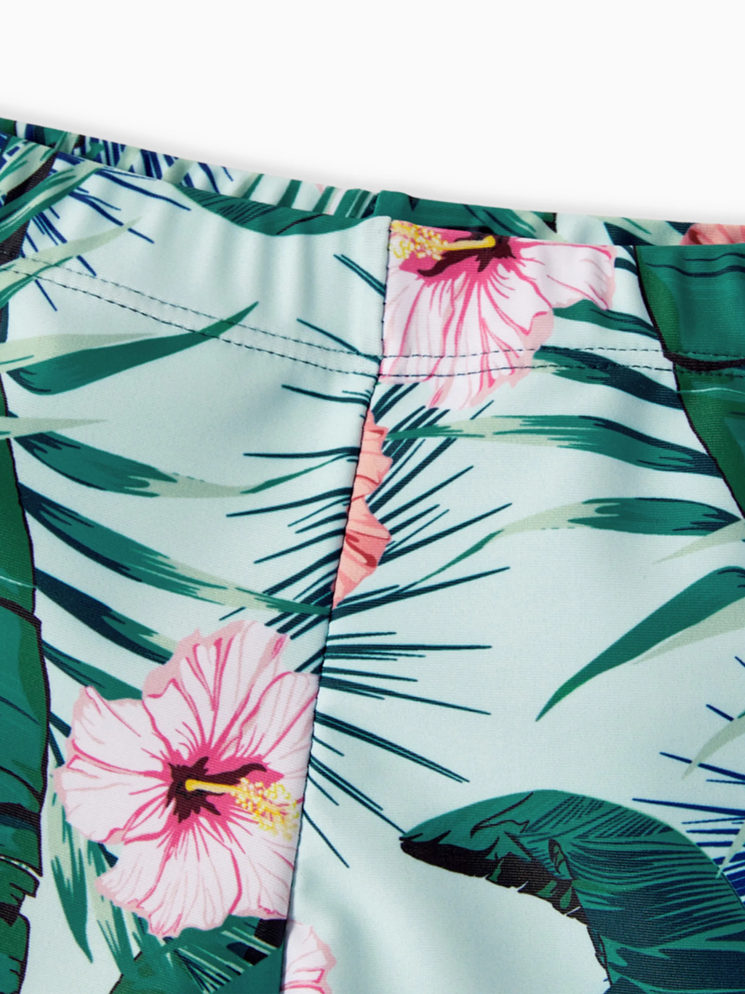 Daddy & Daughter Plant Print Ruffle Trim Spliced One-piece Swimsuit or Swim Trunks Green - Image 7