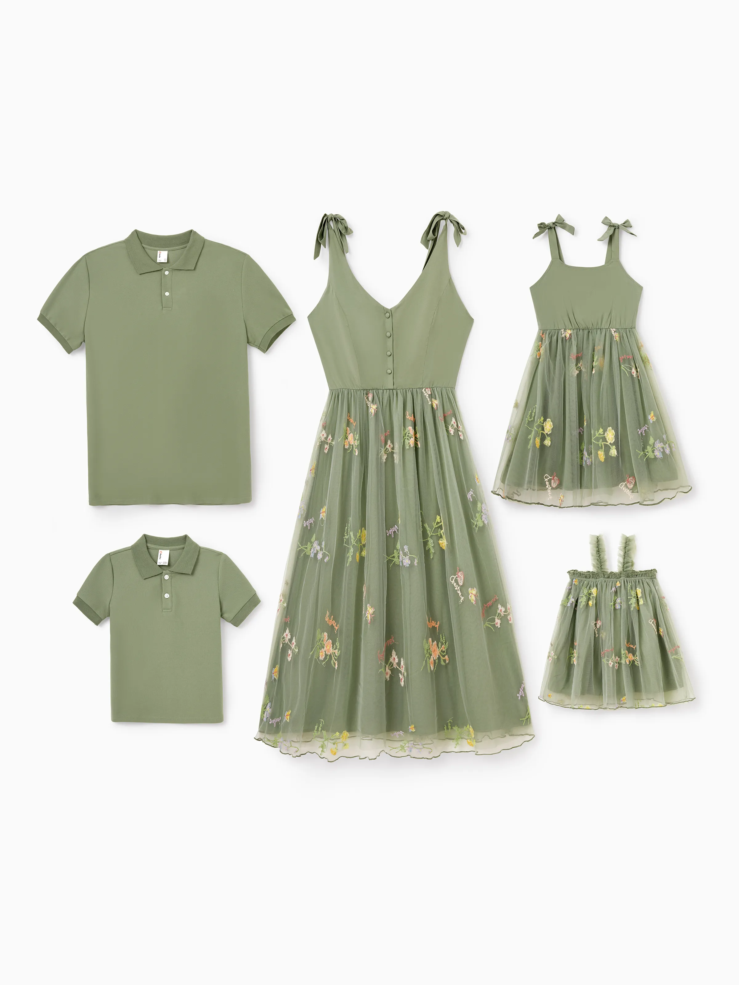 Daddy & Daughter Polo Collar Short-sleeve Shirt or V-neck Strappy Mesh Dress Green - Image 3