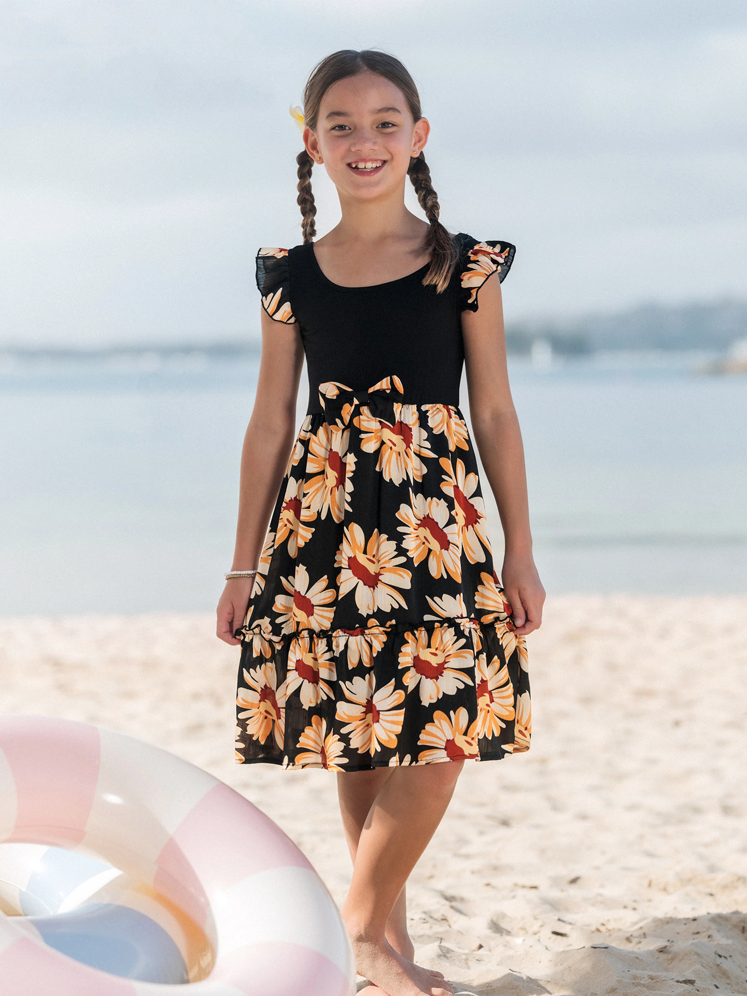 Family Matching Set Floral Sleeveless Strappy Dress or Colorblock Short-sleeve T-shirt  Black - Image 9