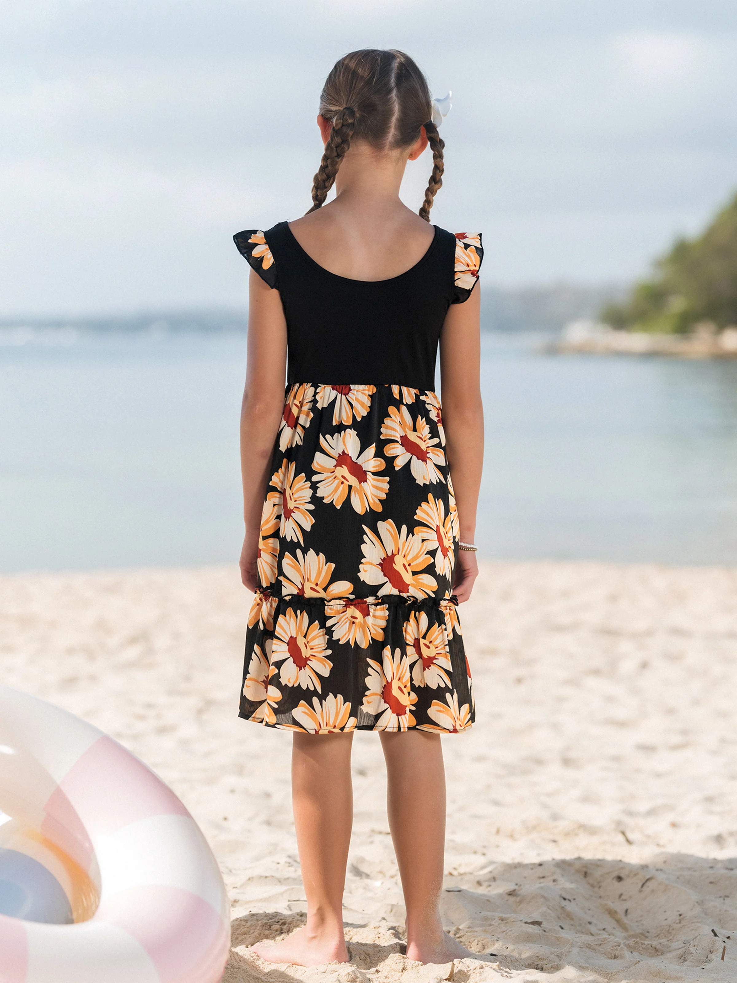 Family Matching Set Floral Sleeveless Strappy Dress or Colorblock Short-sleeve T-shirt  Black - Image 10