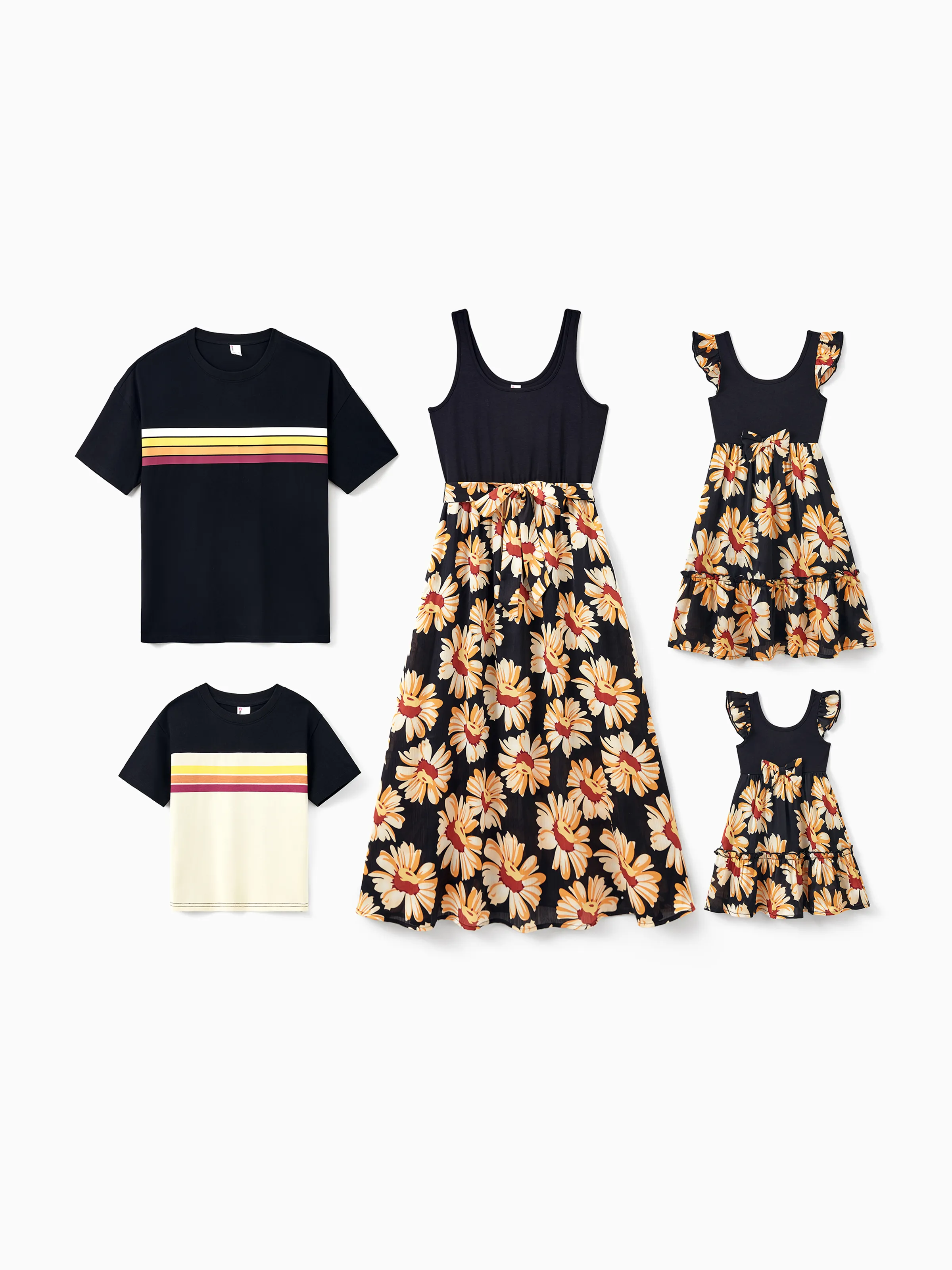 Daddy & Daughter Set Floral Sleeveless Strappy Dress or Colorblock Short-sleeve T-shirt Black - Image 3