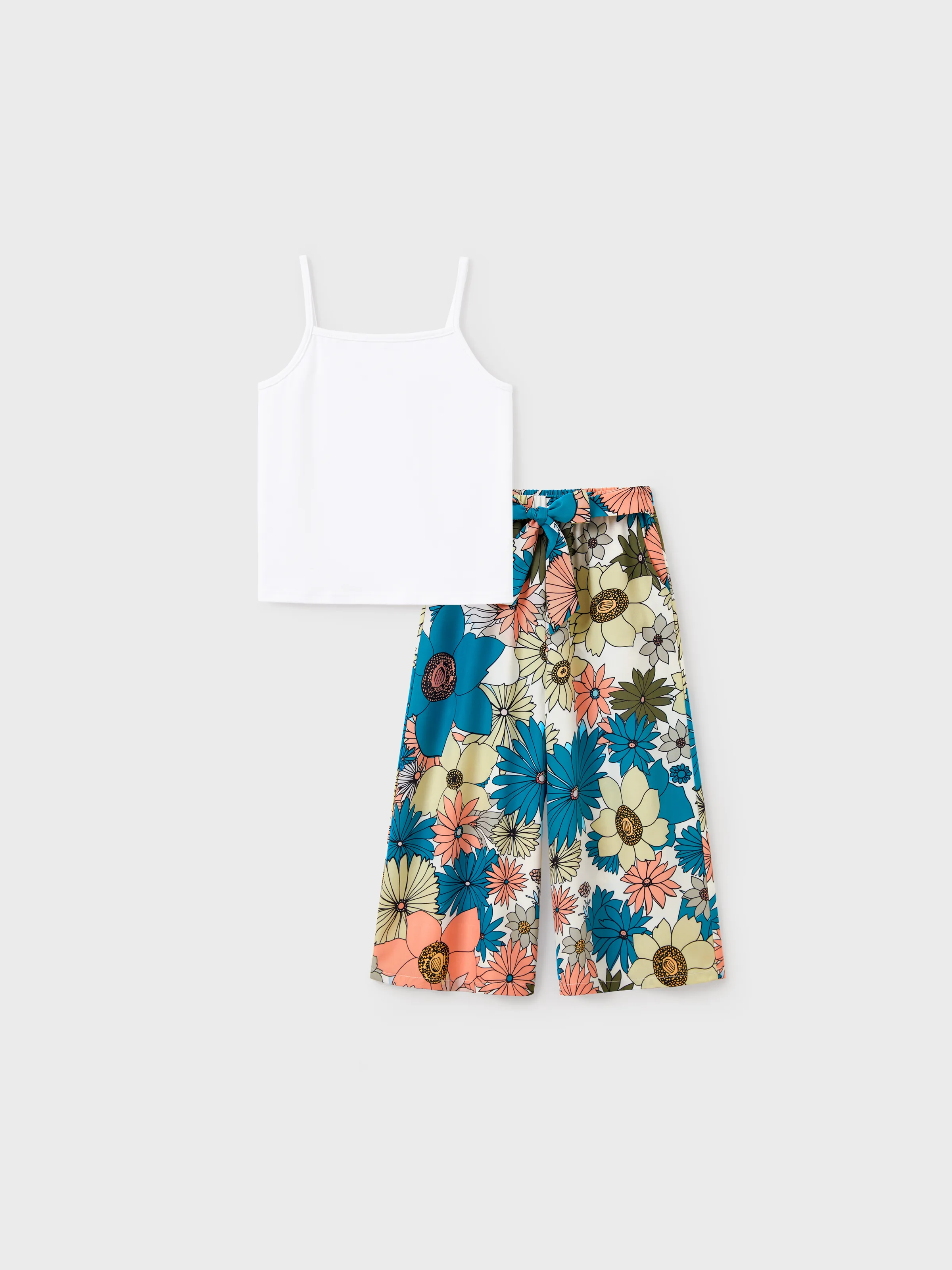 Daddy & Daughter Set Sun Flower Print Short-sleeve Collar Shirt or White Camisole Top and Flower Wide-leg Pants Set for Summer Vacation Multi-color - Image 8