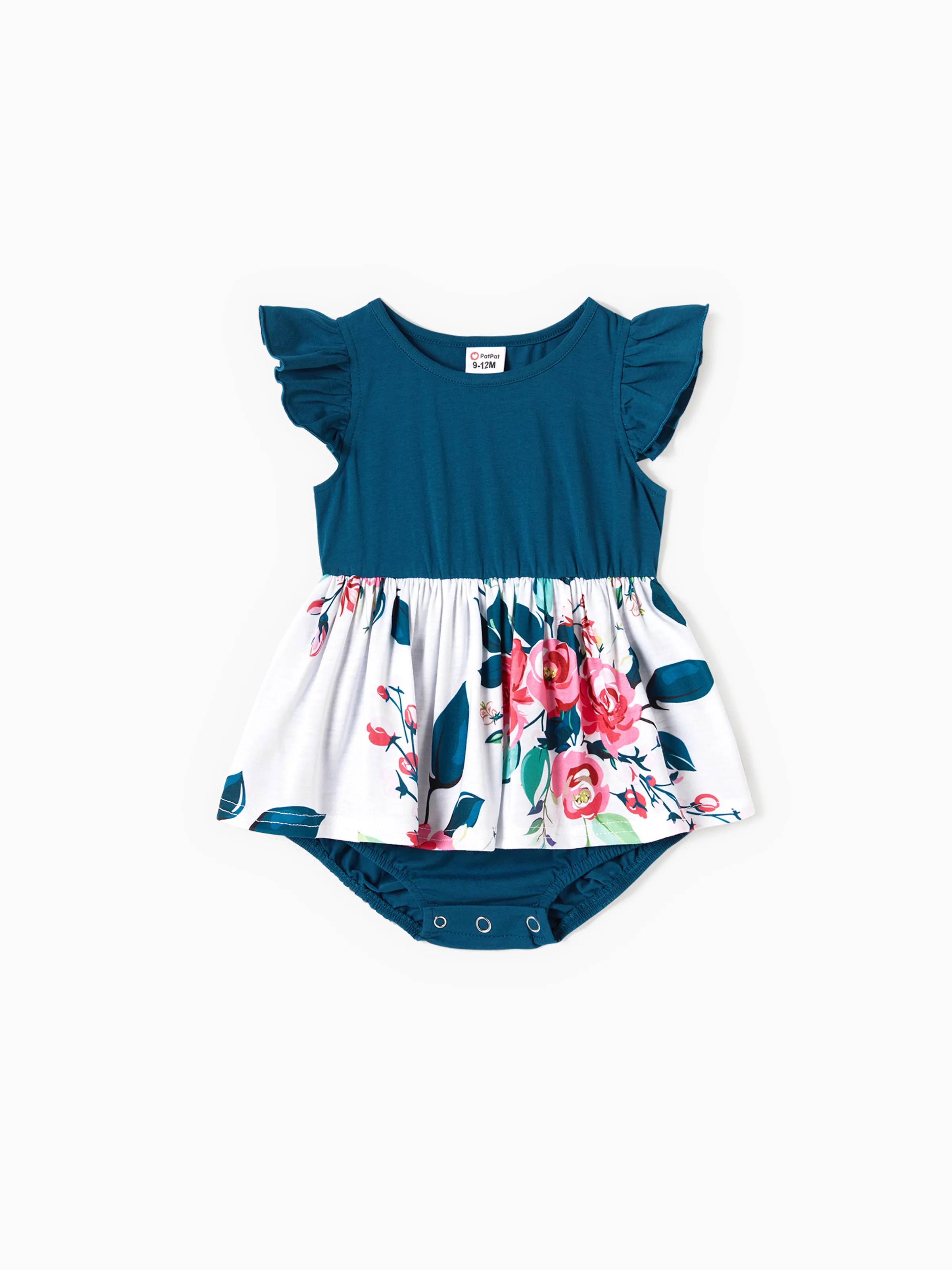Daddy & Daughter Solid V Neck Flutter-sleeve Splicing Floral Print Dresses and Short-sleeve Colorblock T-shirts Sets Azure- - Image 14