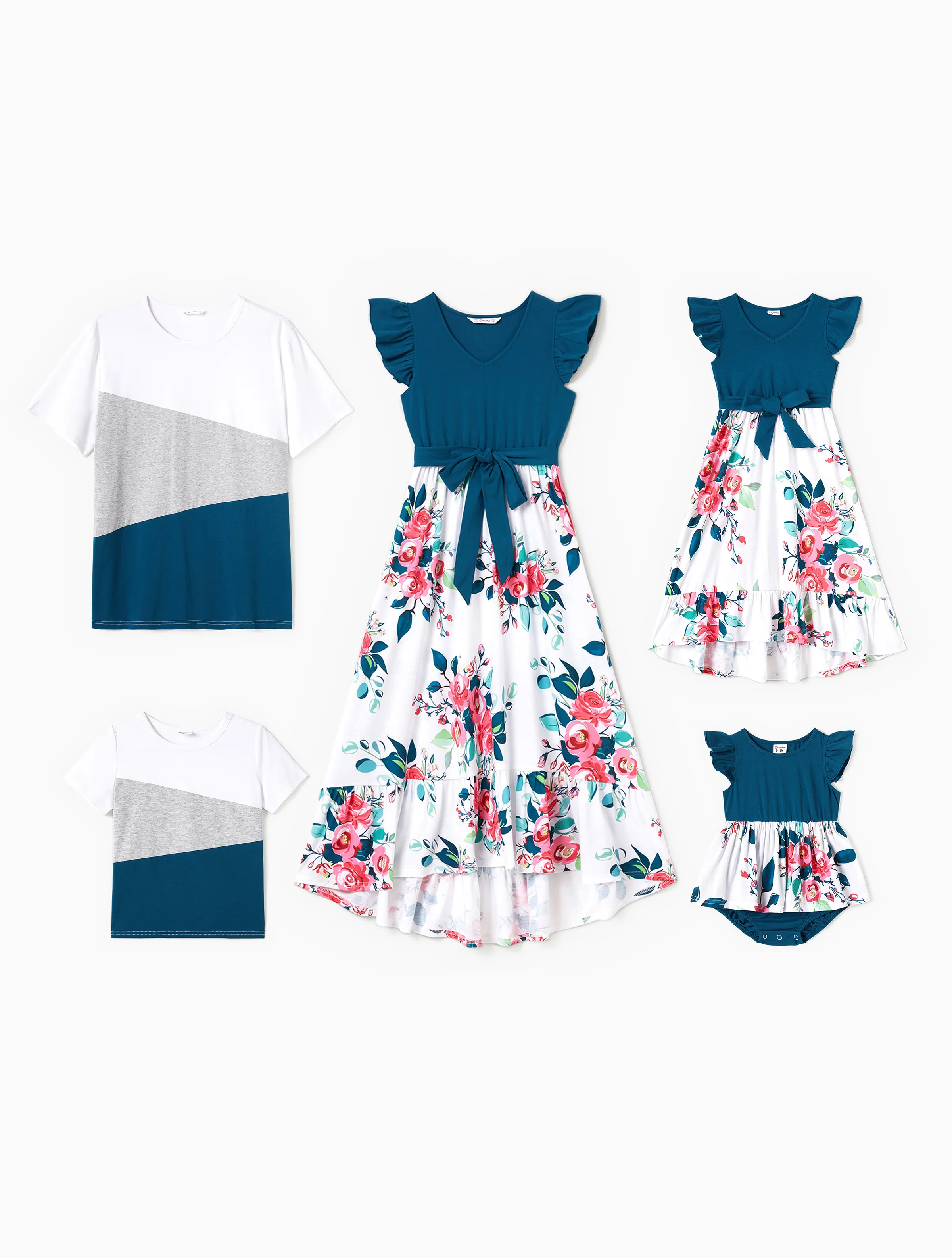 Daddy & Daughter Solid V Neck Flutter-sleeve Splicing Floral Print Dresses and Short-sleeve Colorblock T-shirts Sets Azure- - Image 3